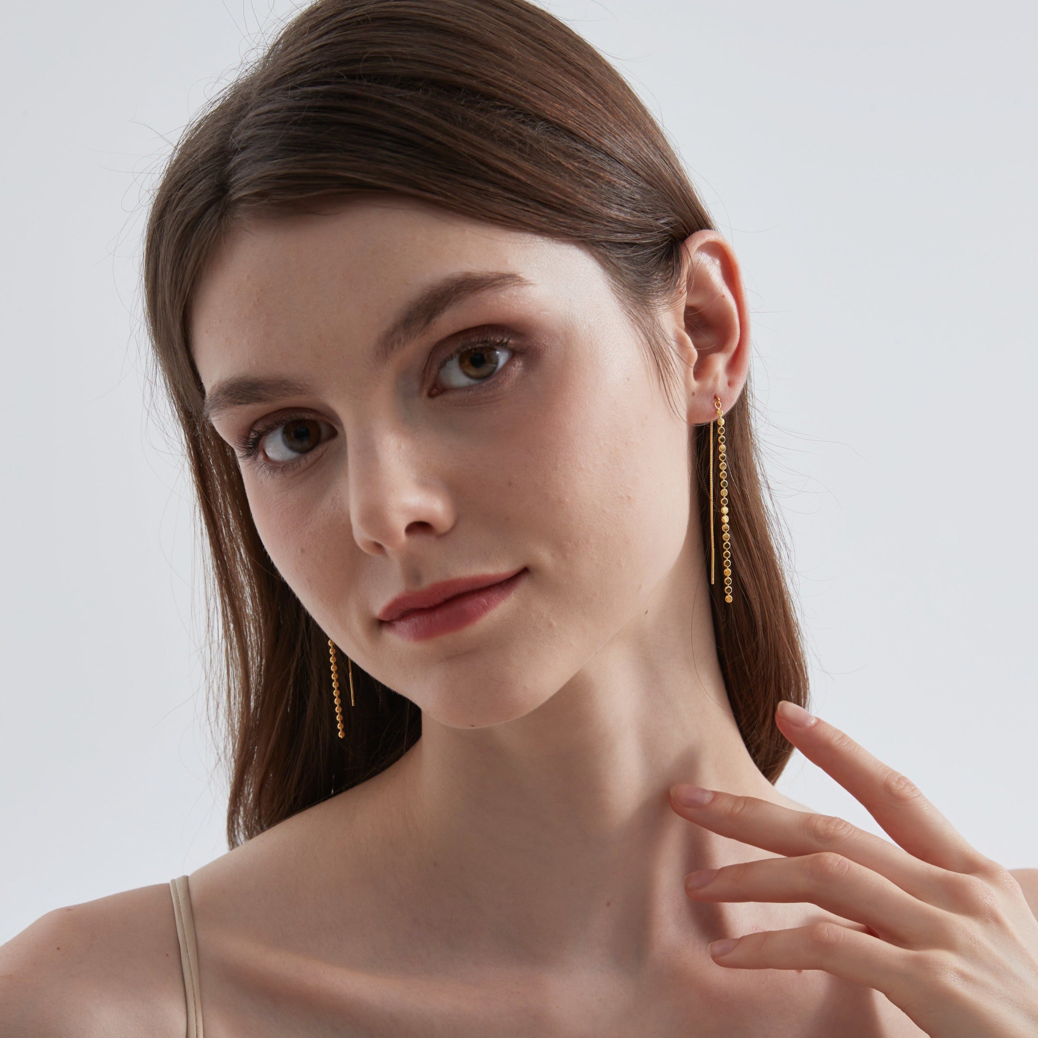 Geometric Chain Threader Earrings on ear