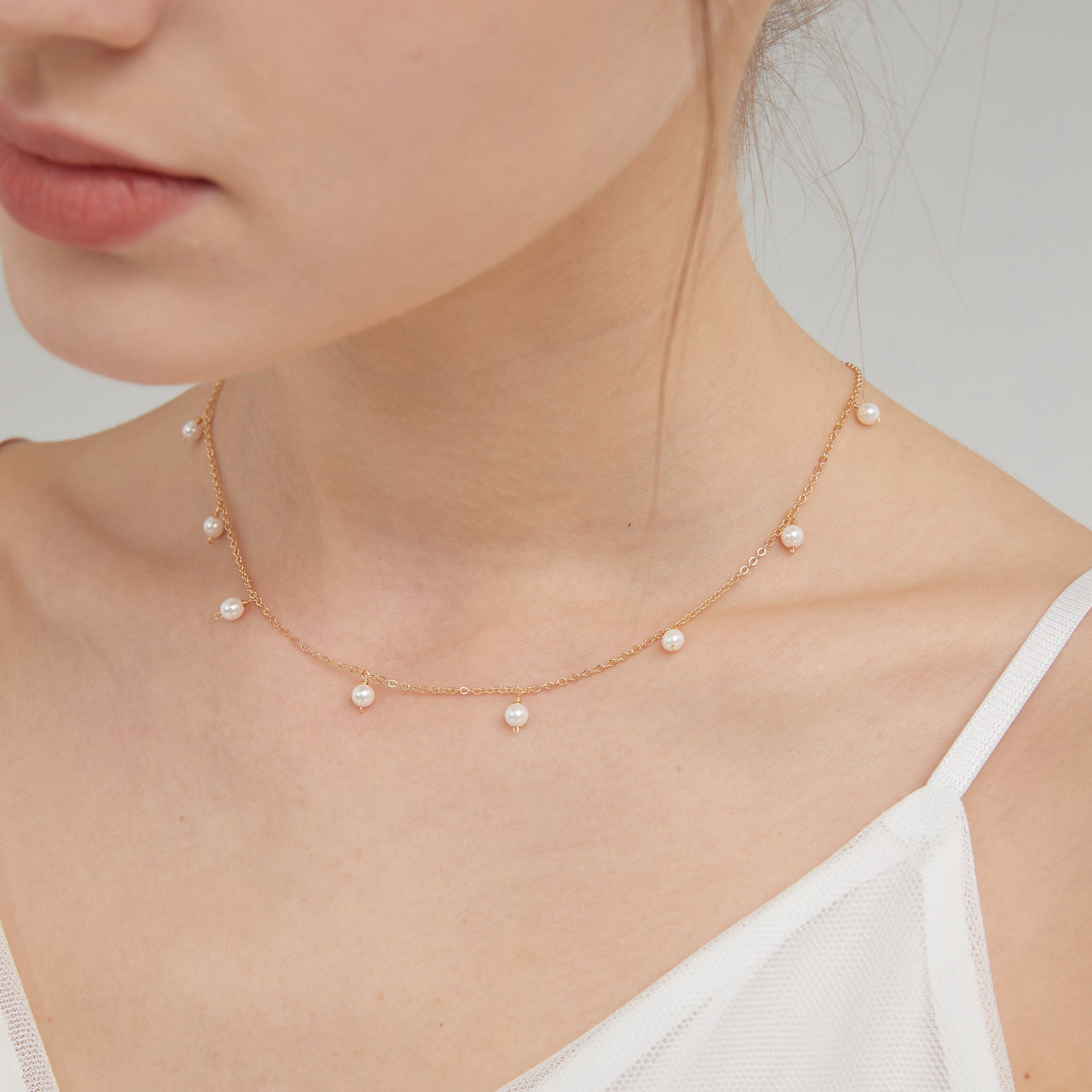 Beaded Pearl Adjustable Choker Necklace on neck