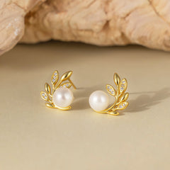 STMG Natural Pearl on Olive Leaf Stud Earrings in gold