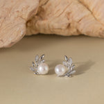 STMG Natural Pearl on Olive Leaf Stud Earrings in silver