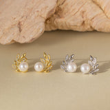 STMG Natural Pearl on Olive Leaf Stud Earrings in 2 colours