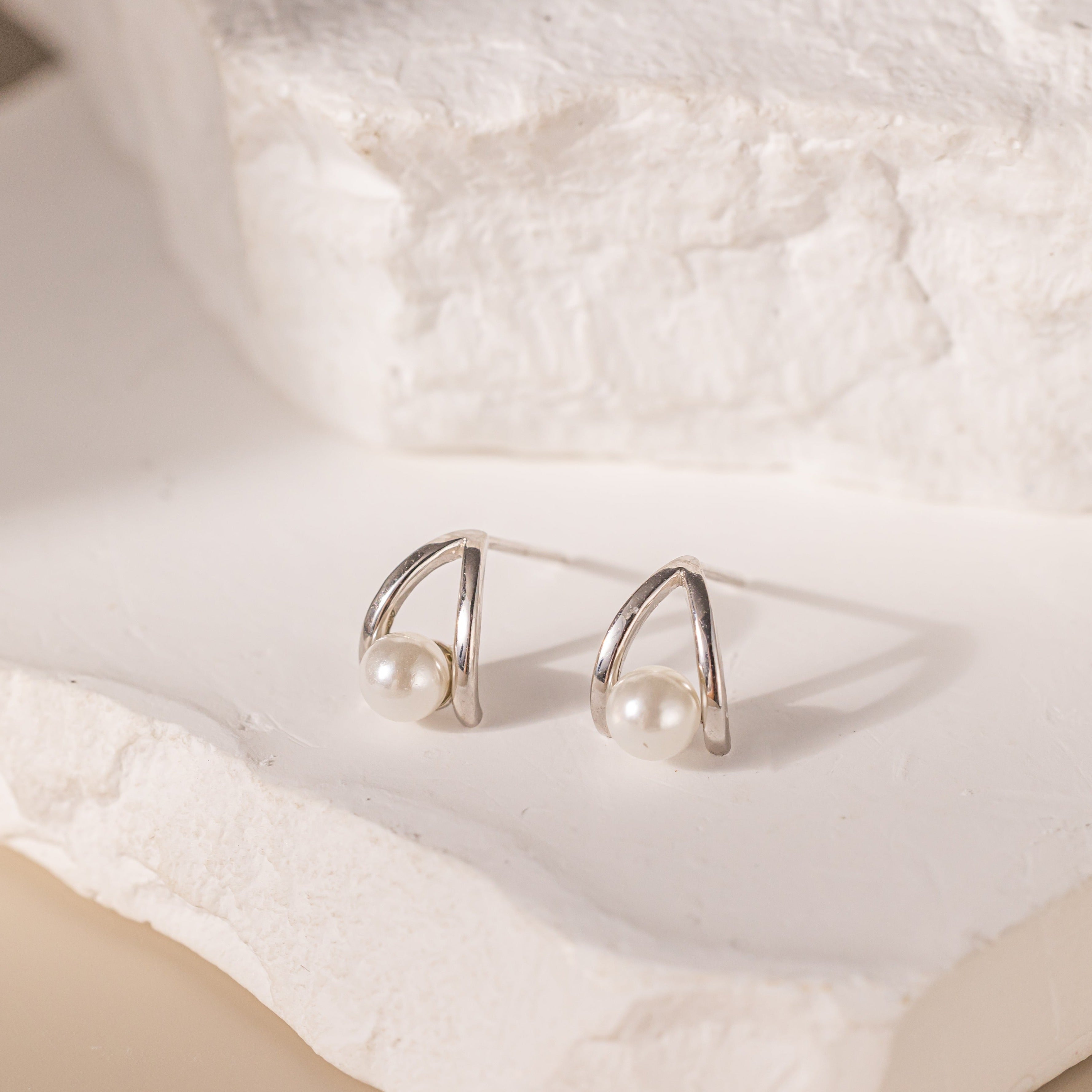 STMG Pearl Droplet Stud Earrings in silver