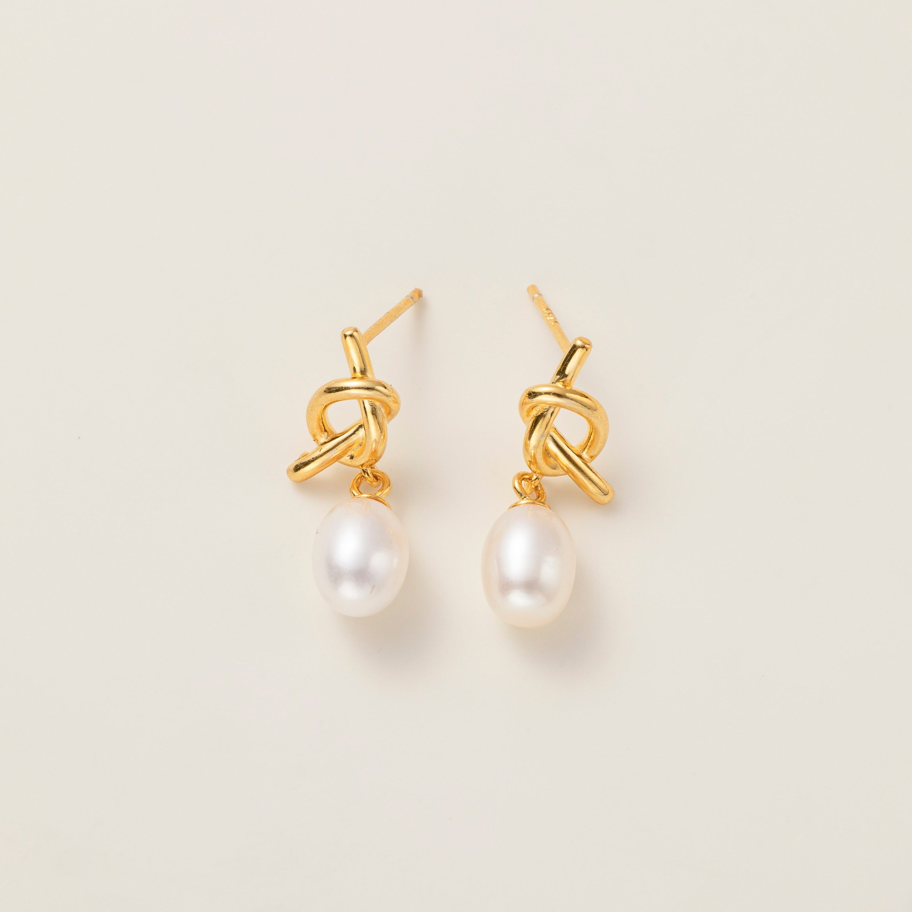 STMG Natural Pearl Knot Dangle Earrings in gold