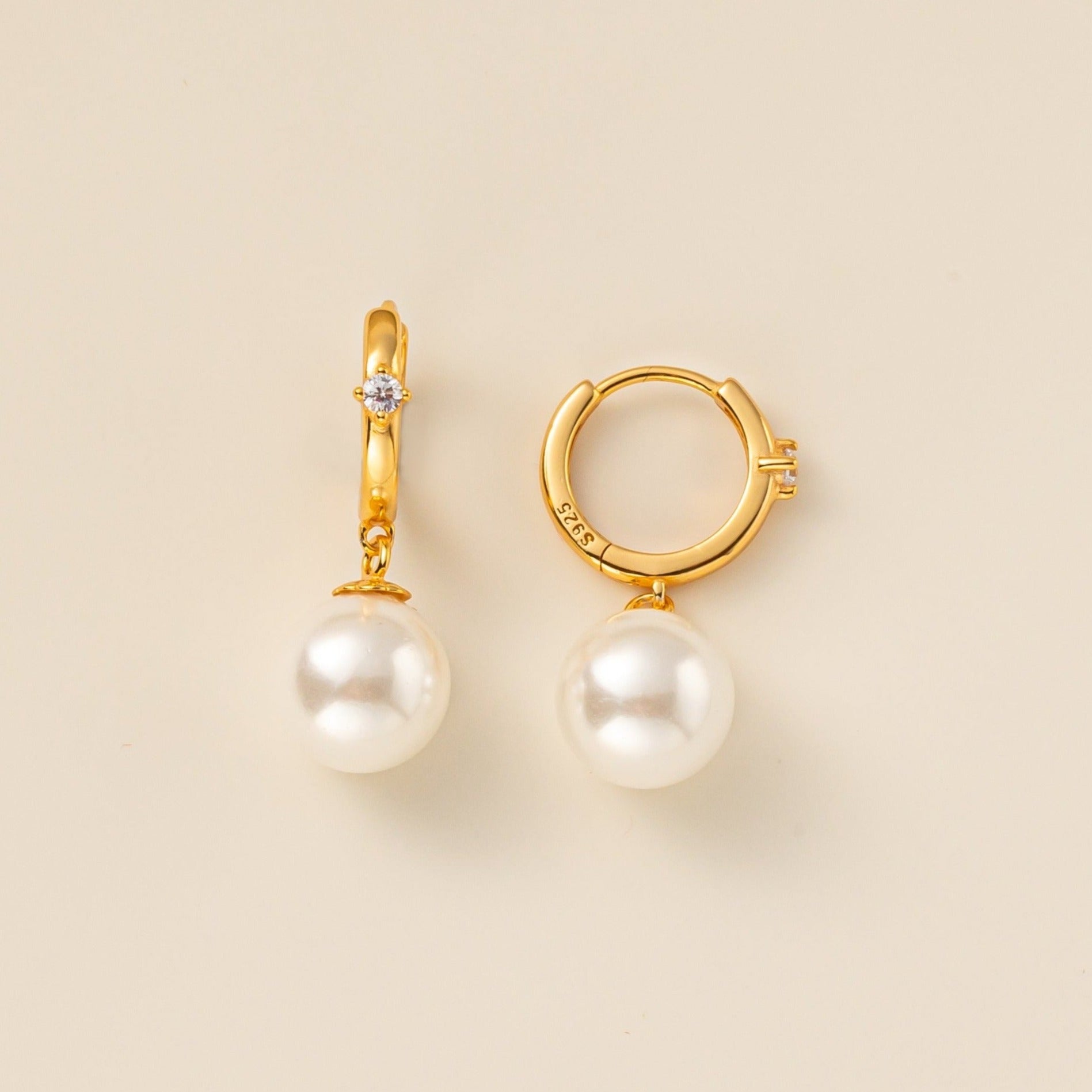 STMG Pearl Dangle Hoops in gold