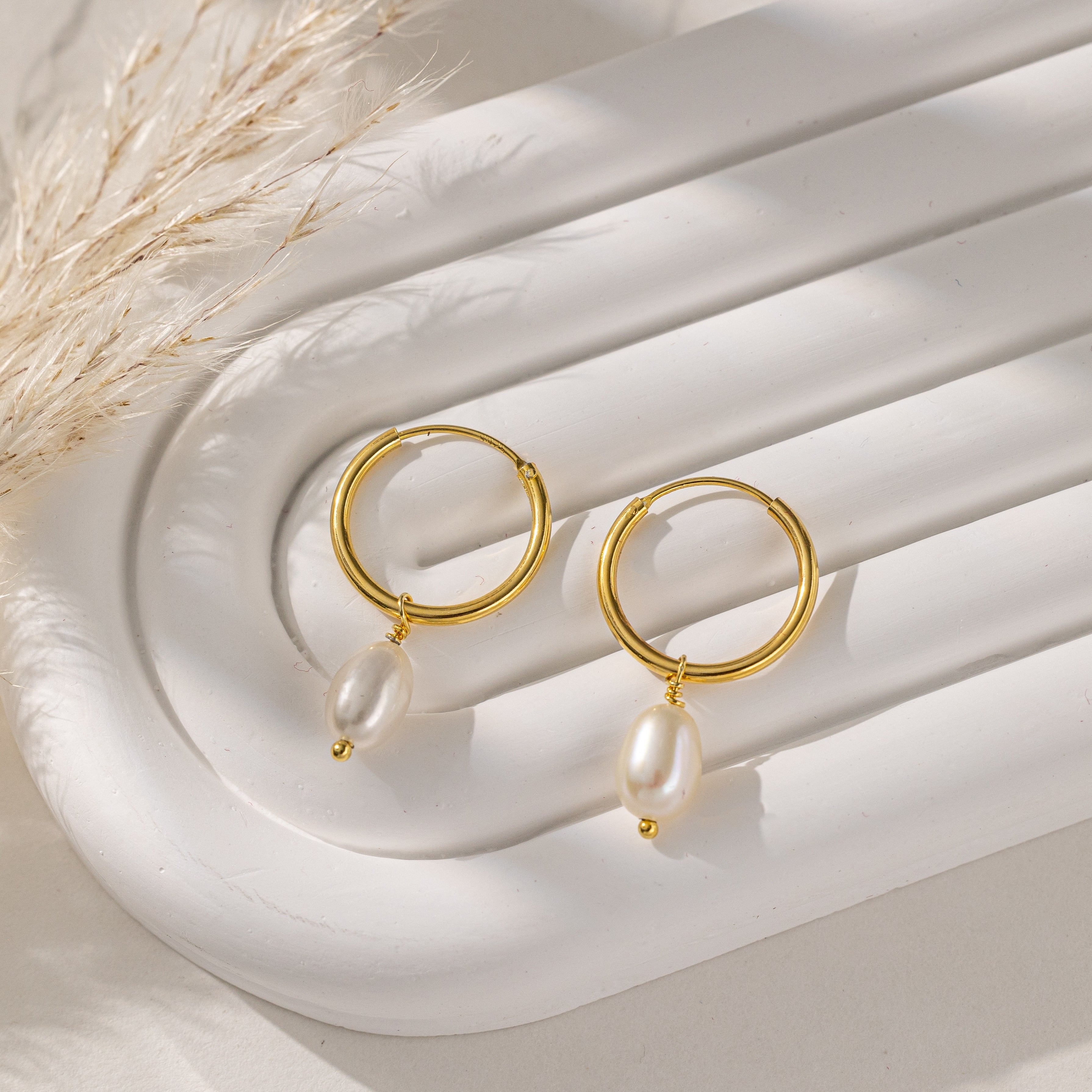 STMG Natural Pearl Dangle Hoops in gold