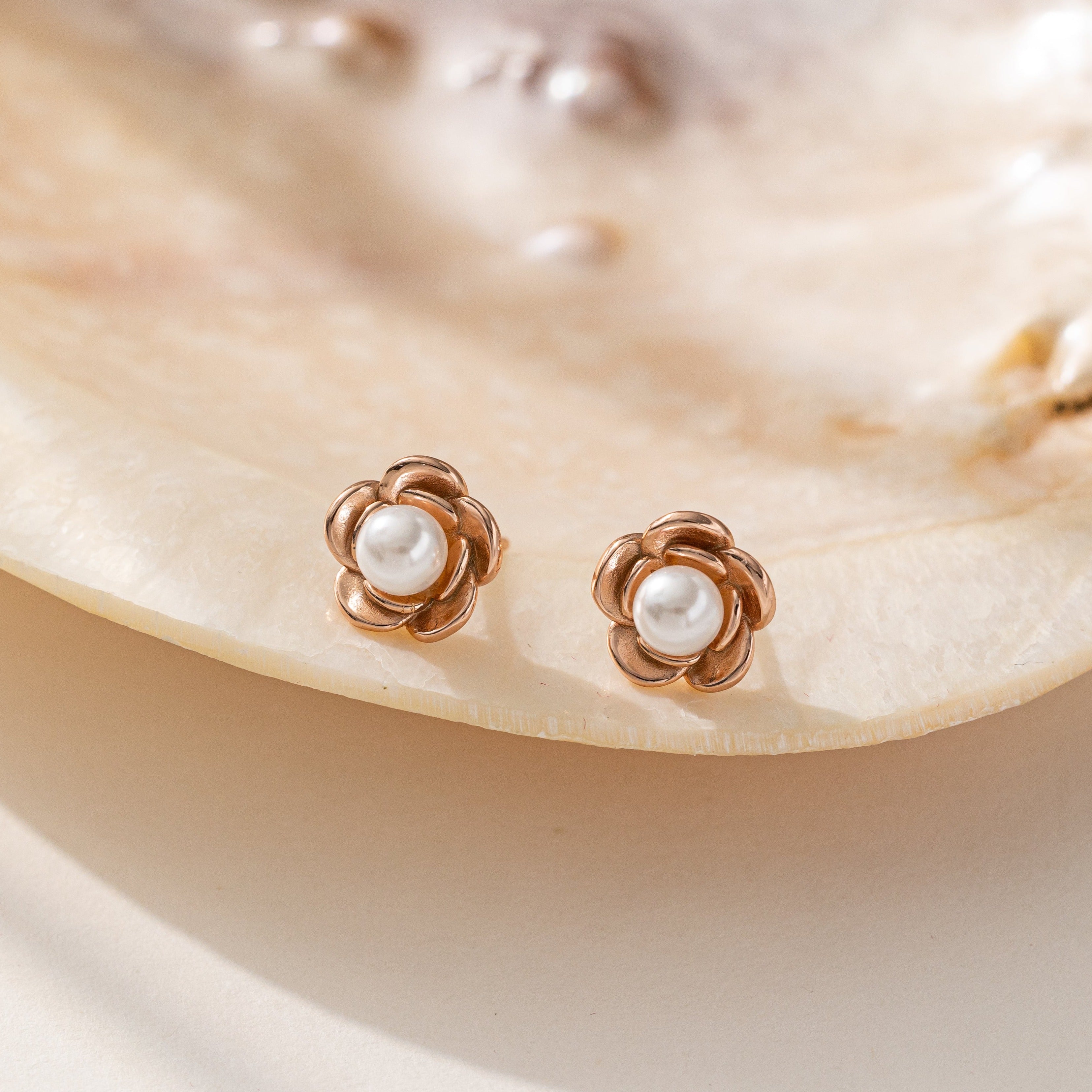 STMG Pearl on Rose Stud Earrings