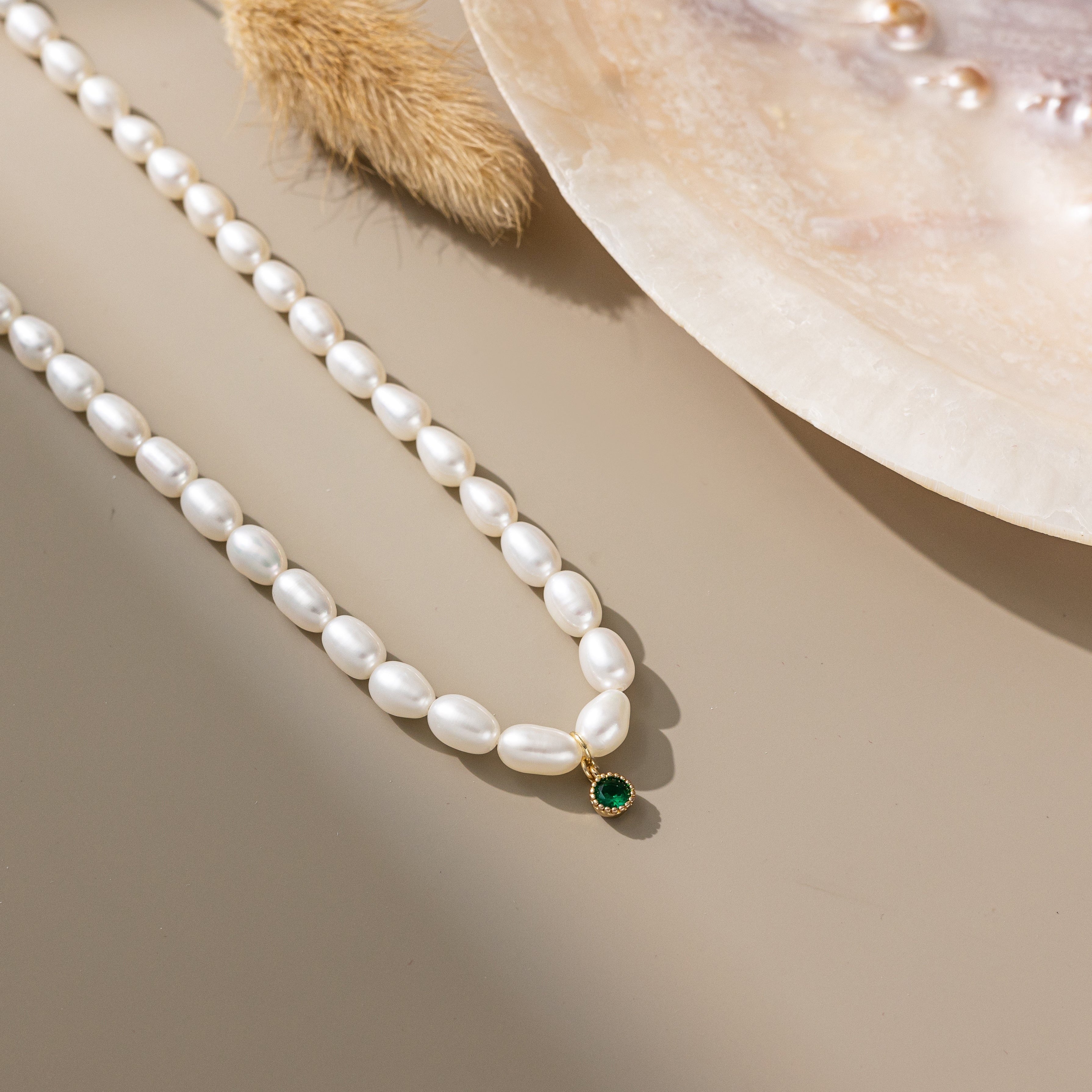 STMG Natural Pearl with Green Pendant Necklace