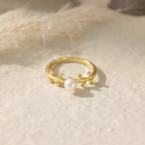 STMG Natural Pearl on Olive Leaf Adjustable Ring