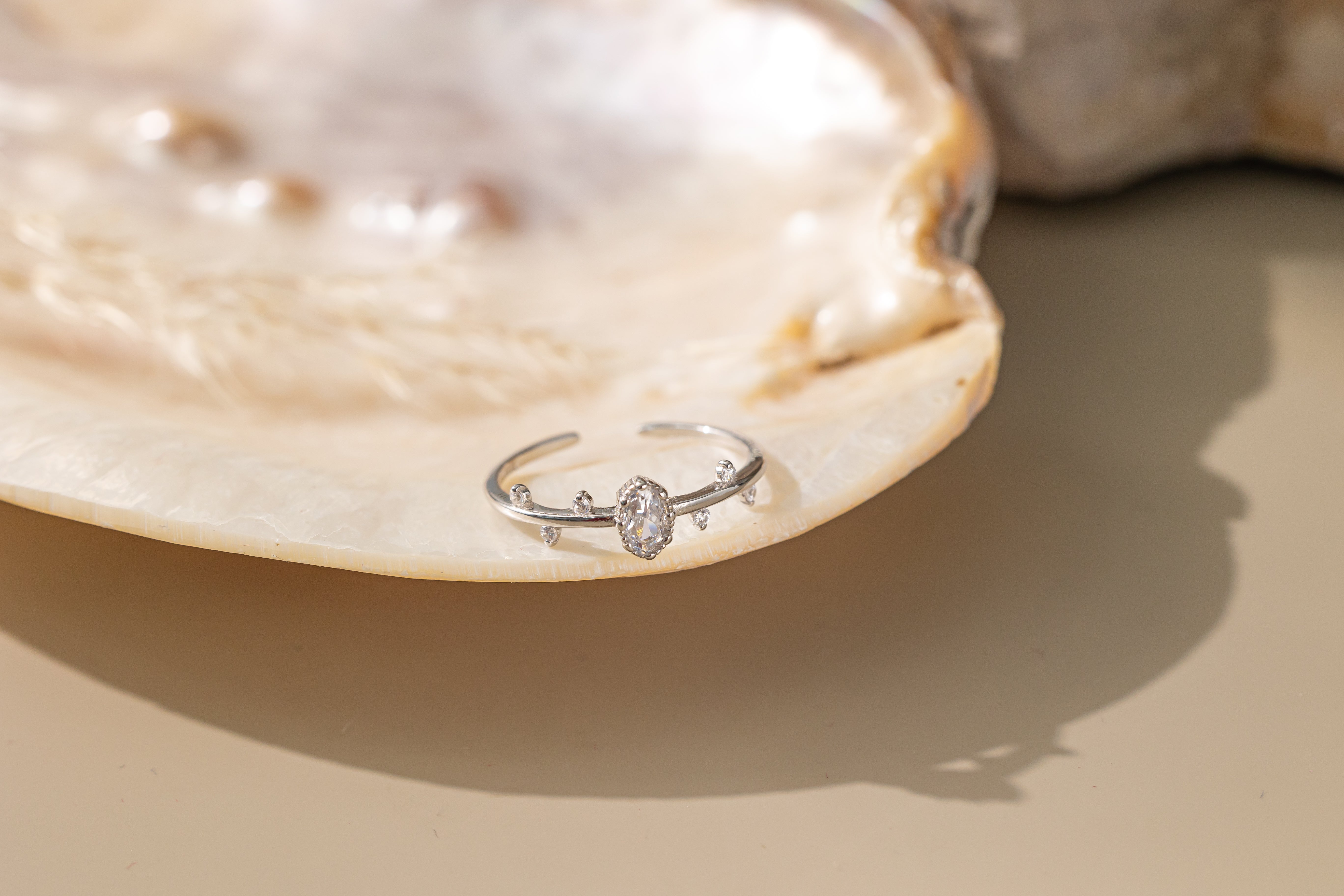 STMG Tiny CZ Leaf Adjustable Ring in silver