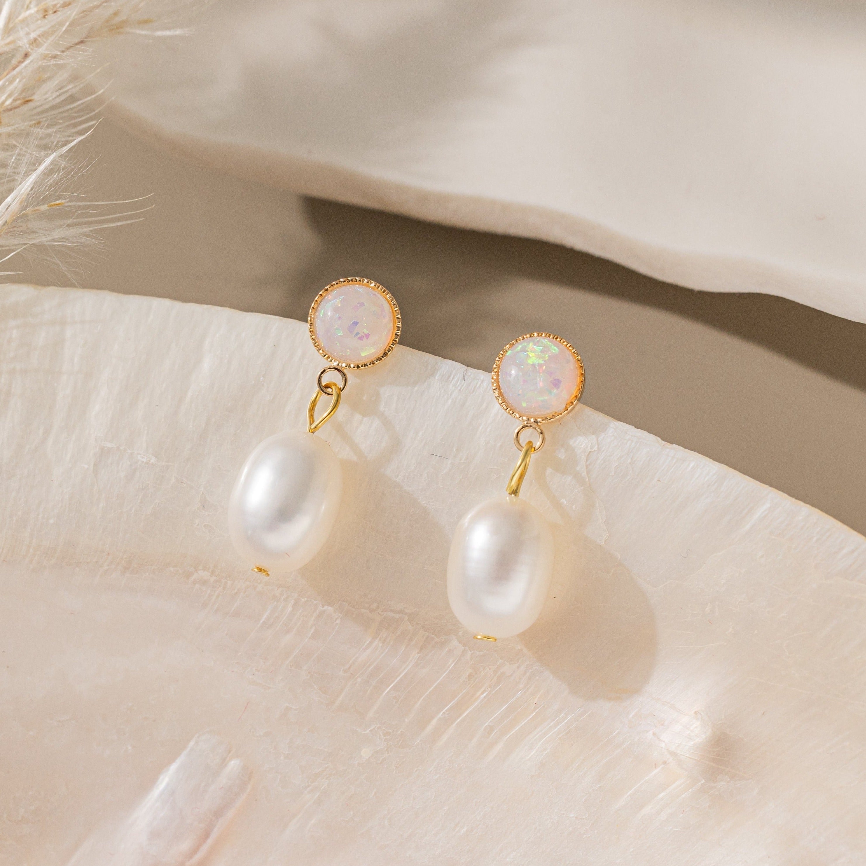 STMG Natural Pearl with Opal Dangle Earrings