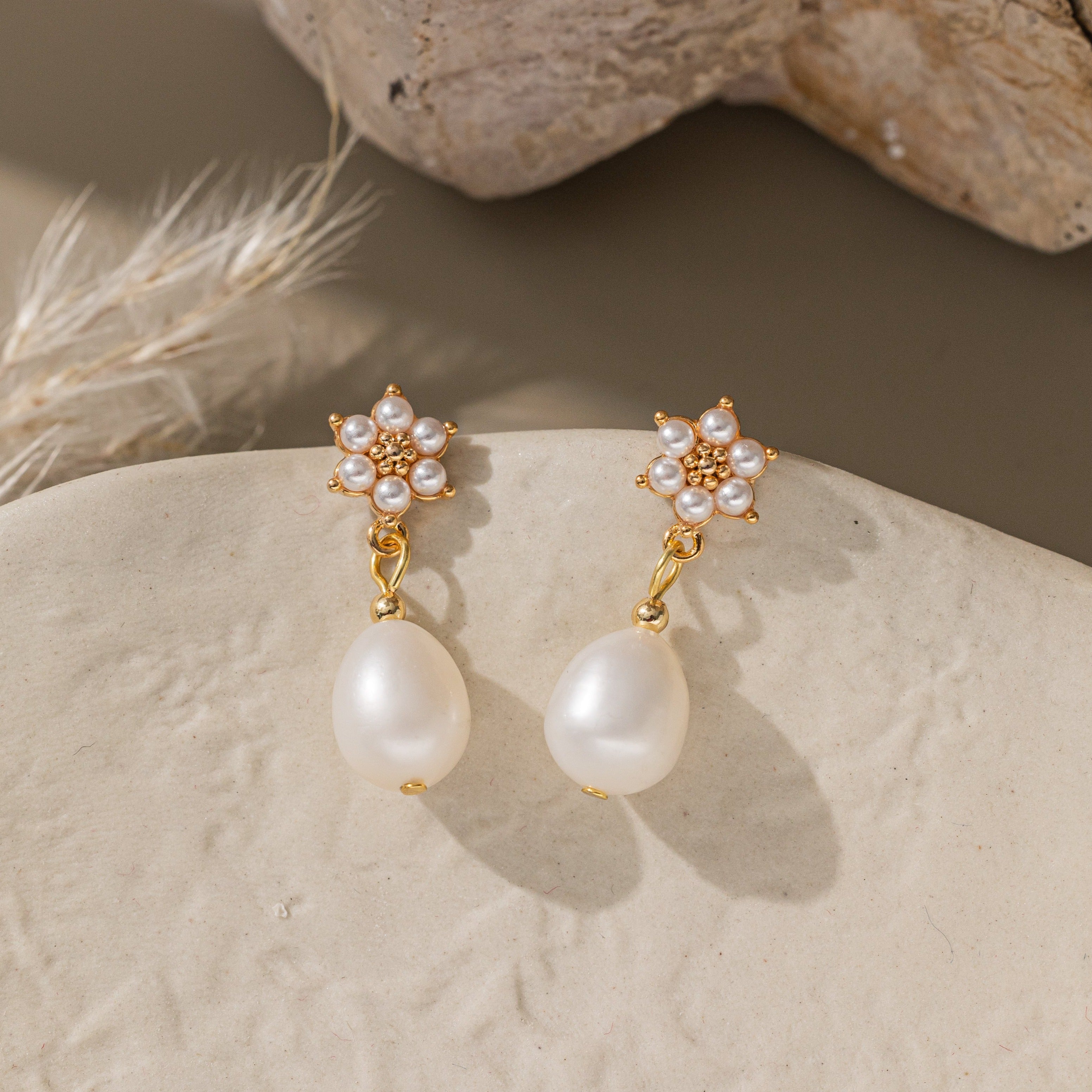 STMG Natural Pearl Flower Dangle Earrings 