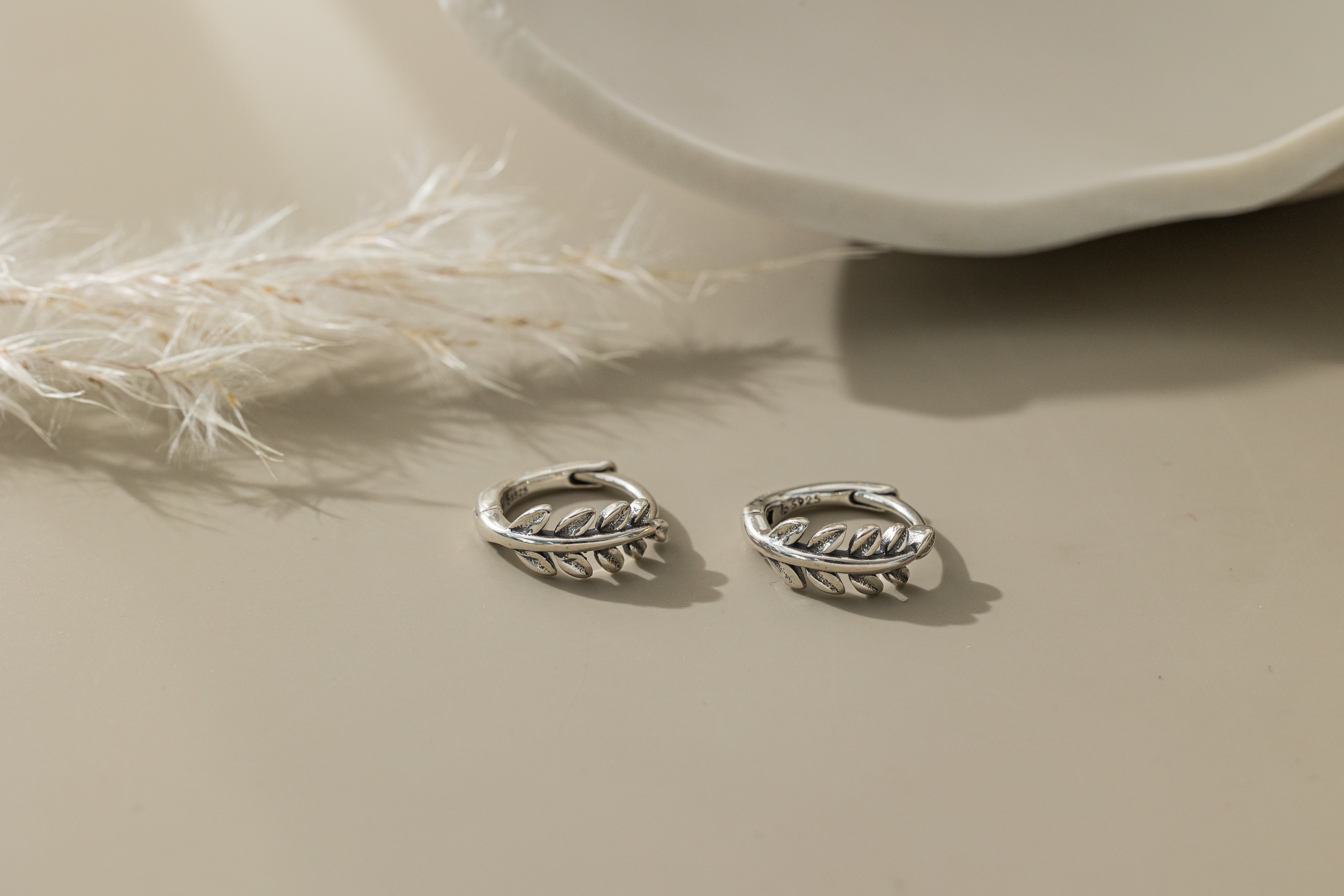 STMG Tiny Olive Leaf Hoops in silver