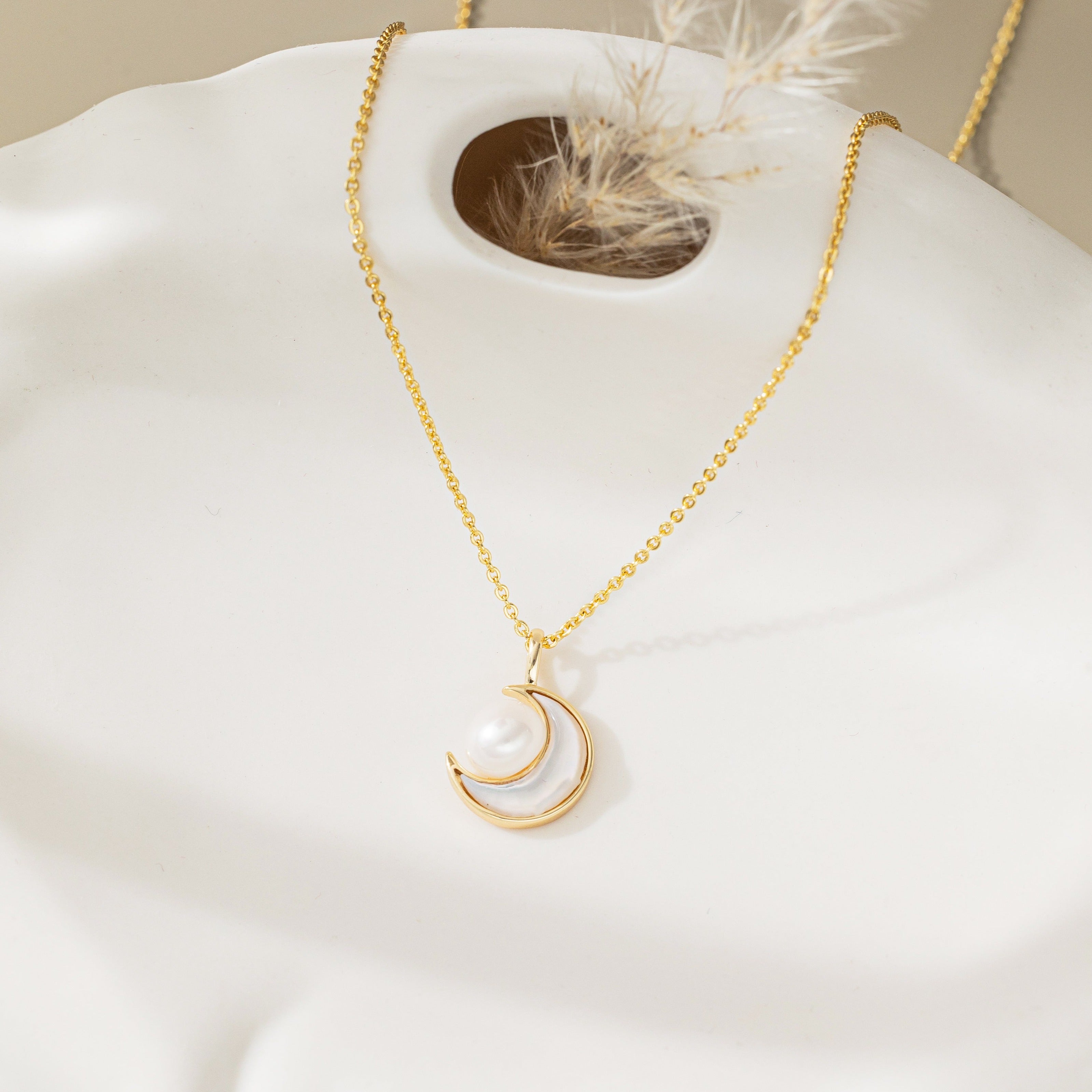 STMG Natural Pearl on Crescent Moon Necklace