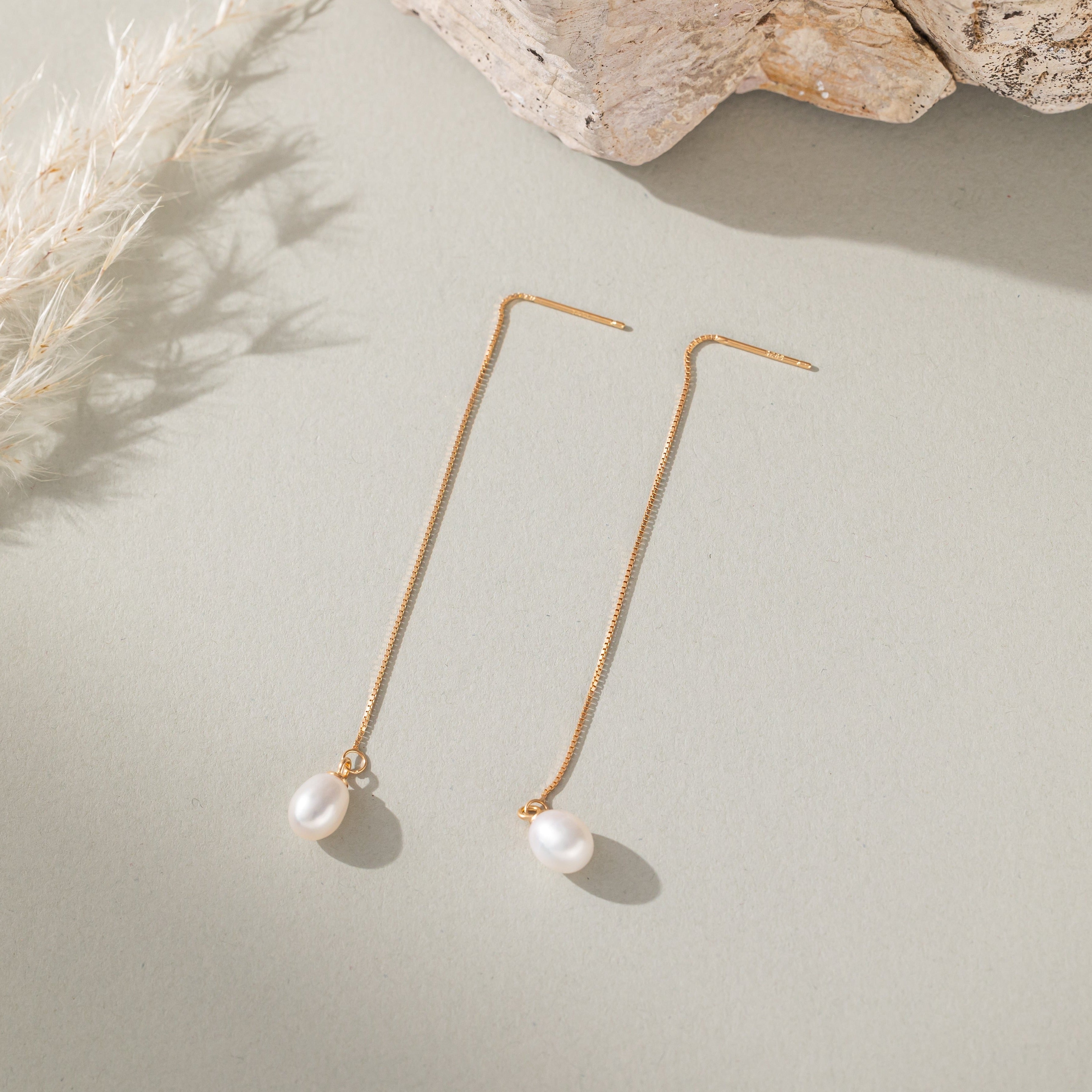 STMG Natural Pearl Dangle Threader Earrings in champagne gold