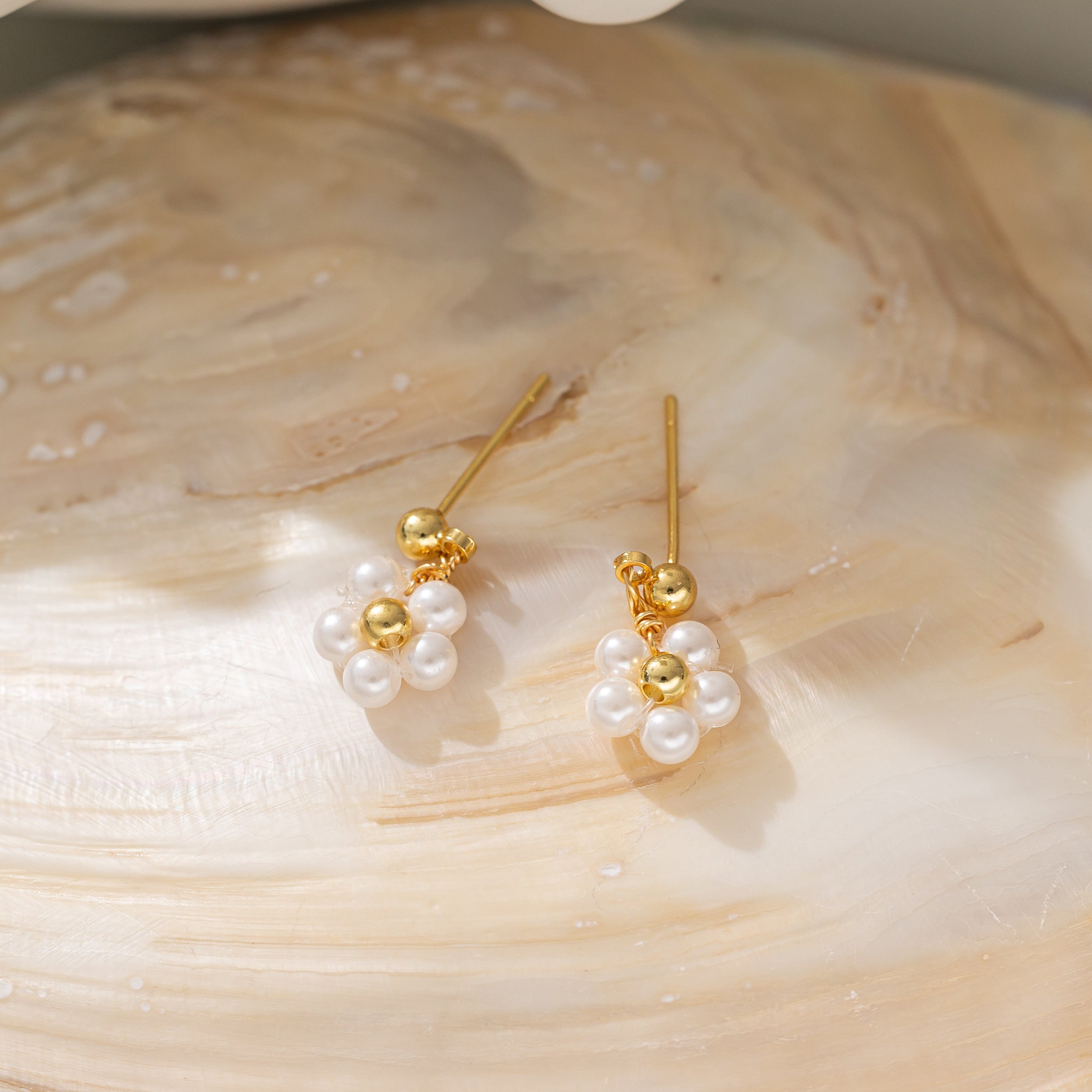 STMG Pearl Daisy Dangle Earrings in gold