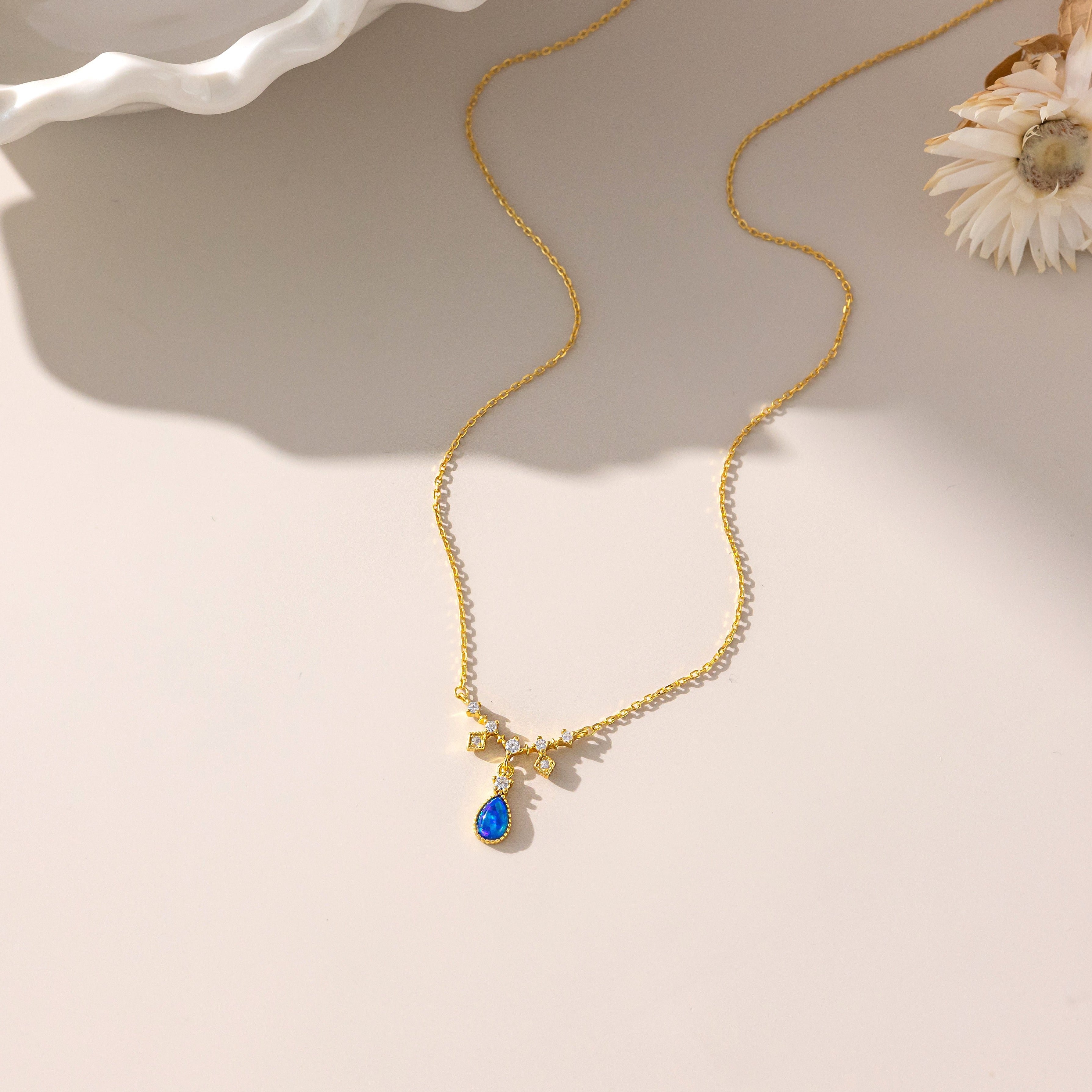 Blue Fire Opal Droplet Necklace