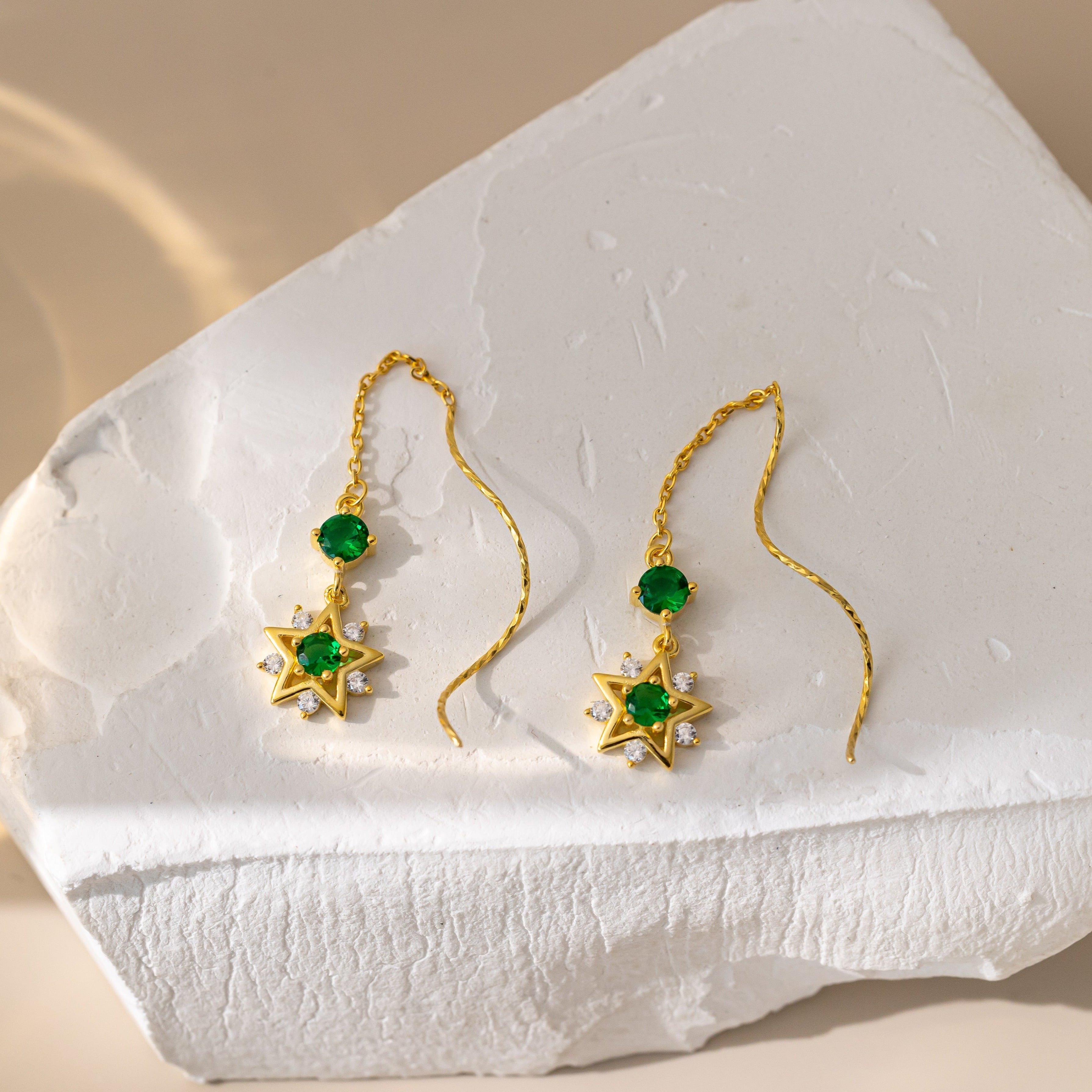 STMG Green Emerald Star Threader Earrings