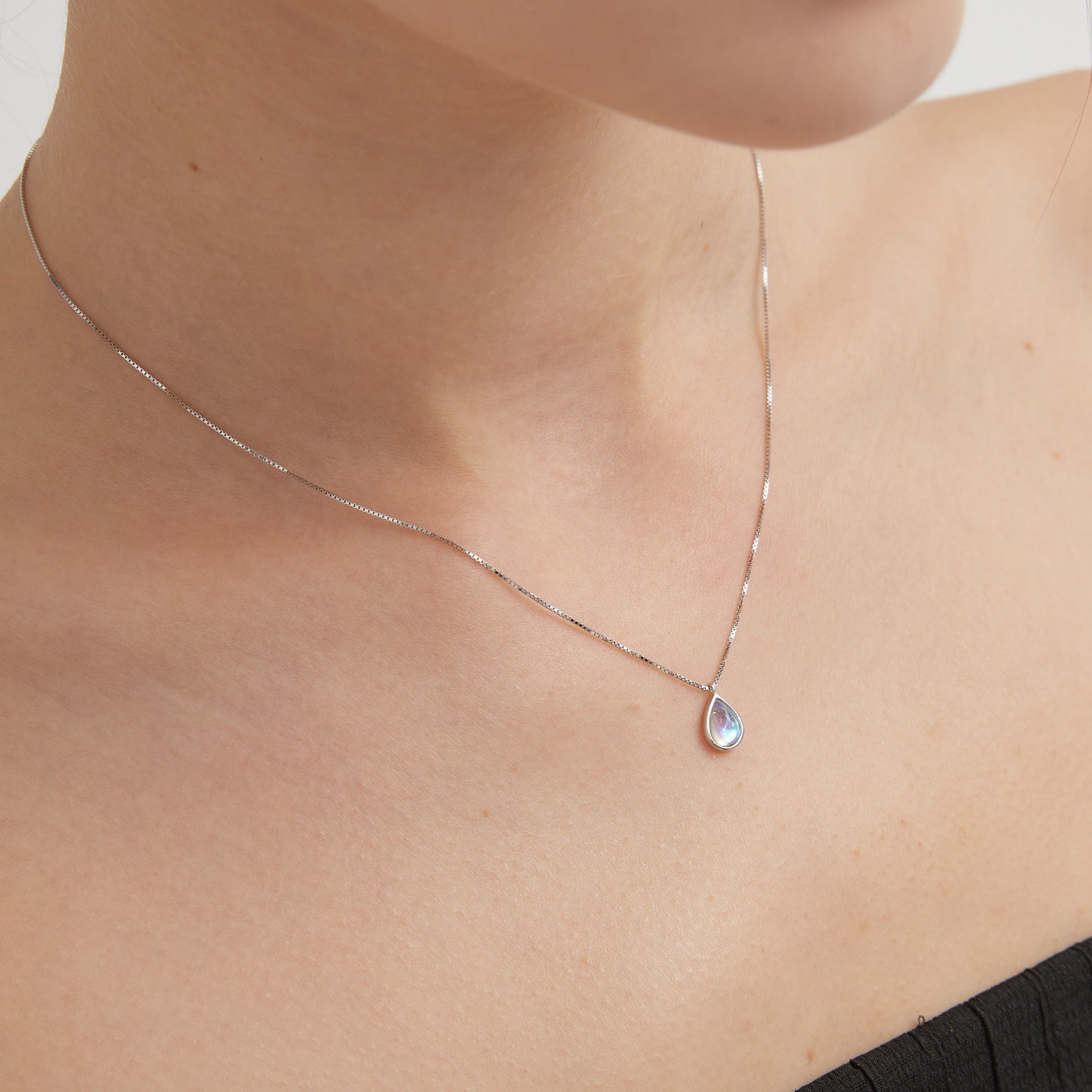 STMG Moonstone Droplet Necklace on neck