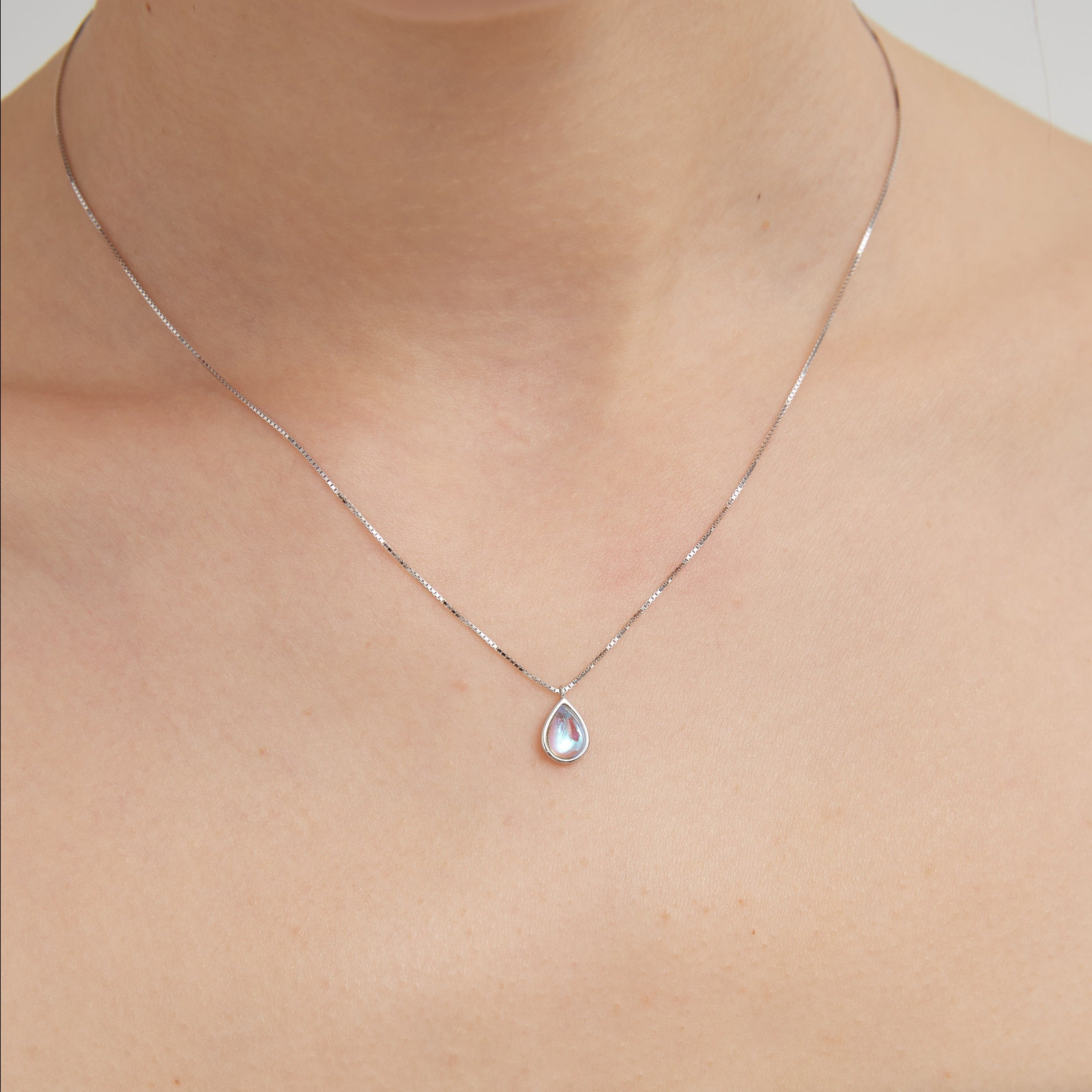 STMG Moonstone Droplet Necklace on neck