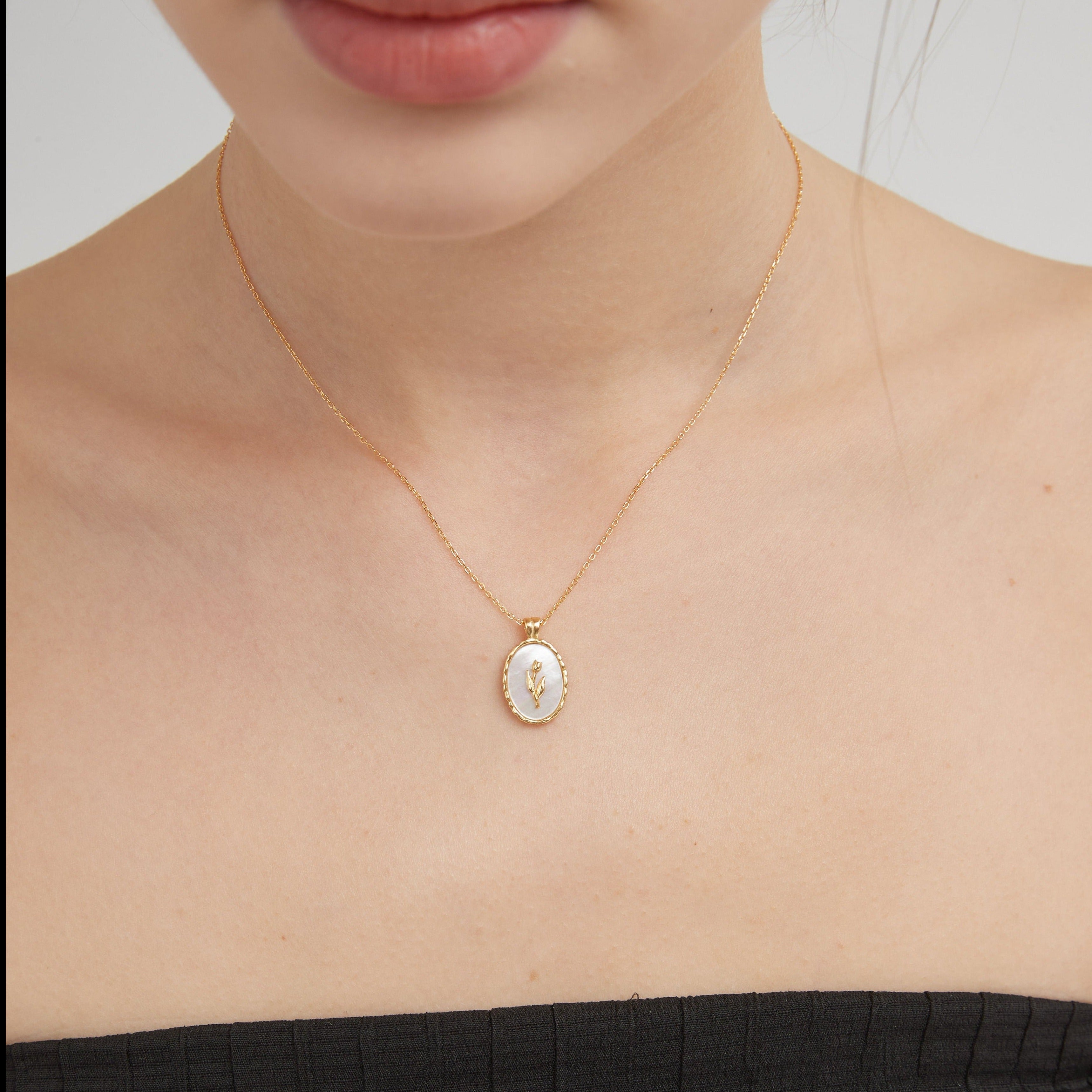 STMG Mother of Pearl with Tulip Necklace on neck