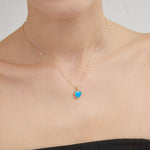 Blue Fire Opal Sweet Heart Necklace on neck