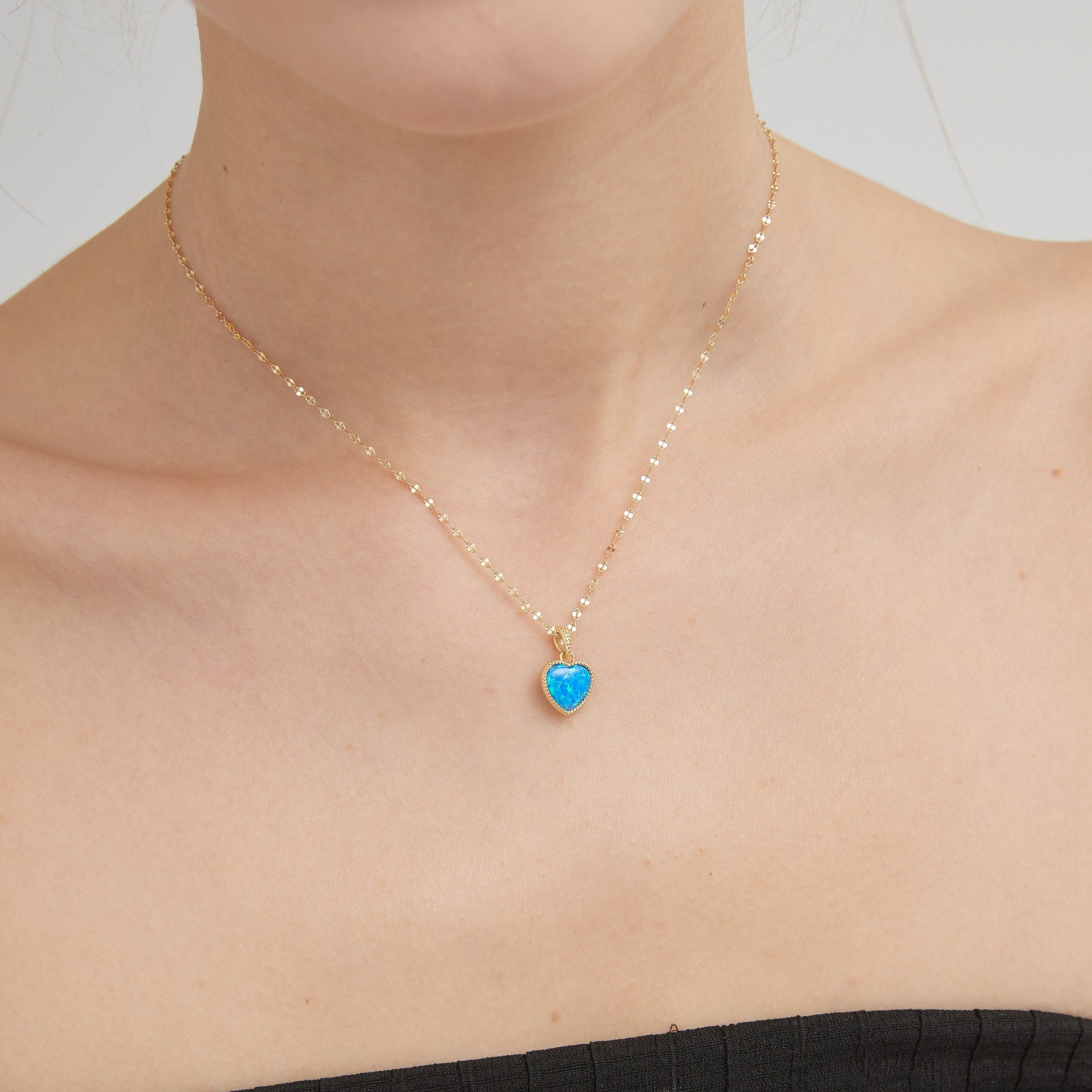 Blue Fire Opal Sweet Heart Necklace on neck