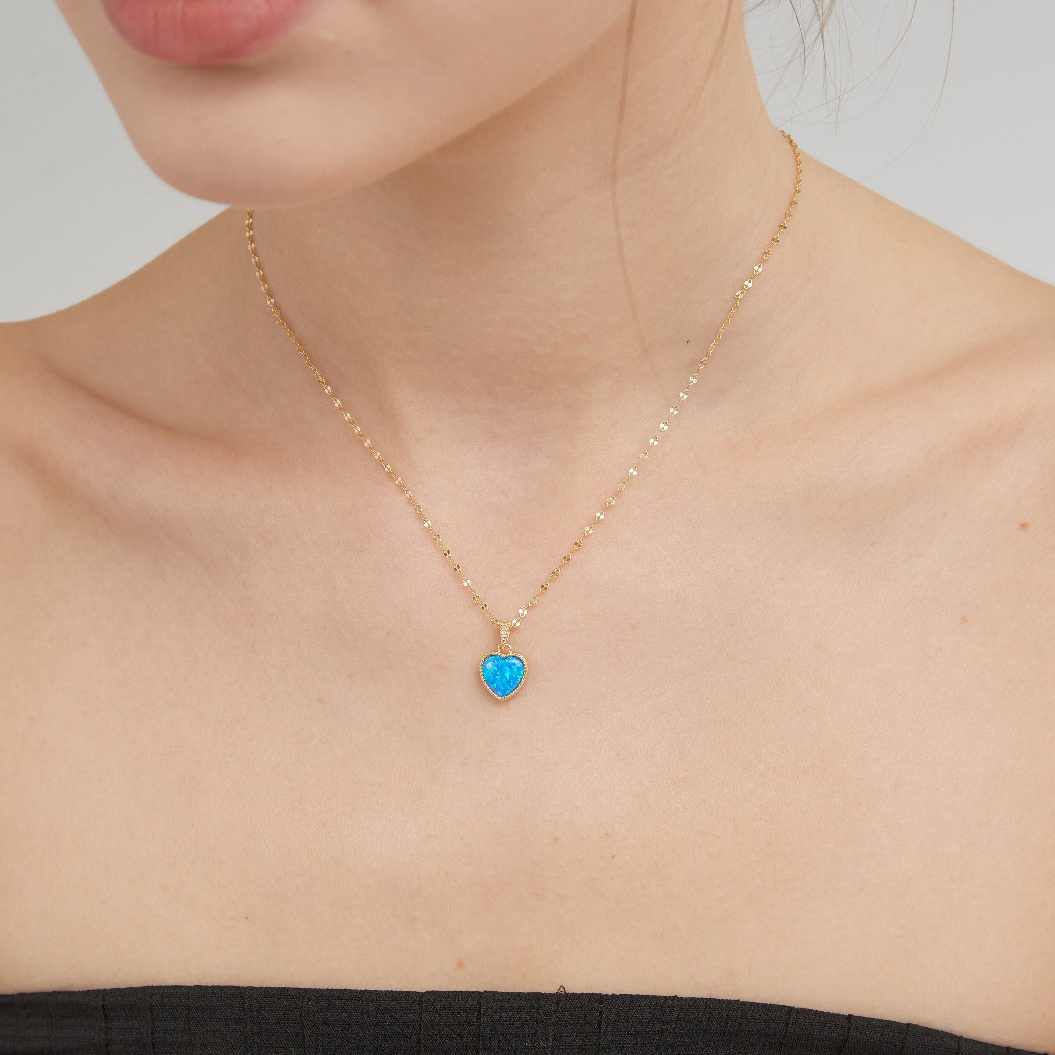 Blue Fire Opal Sweet Heart Necklace on neck