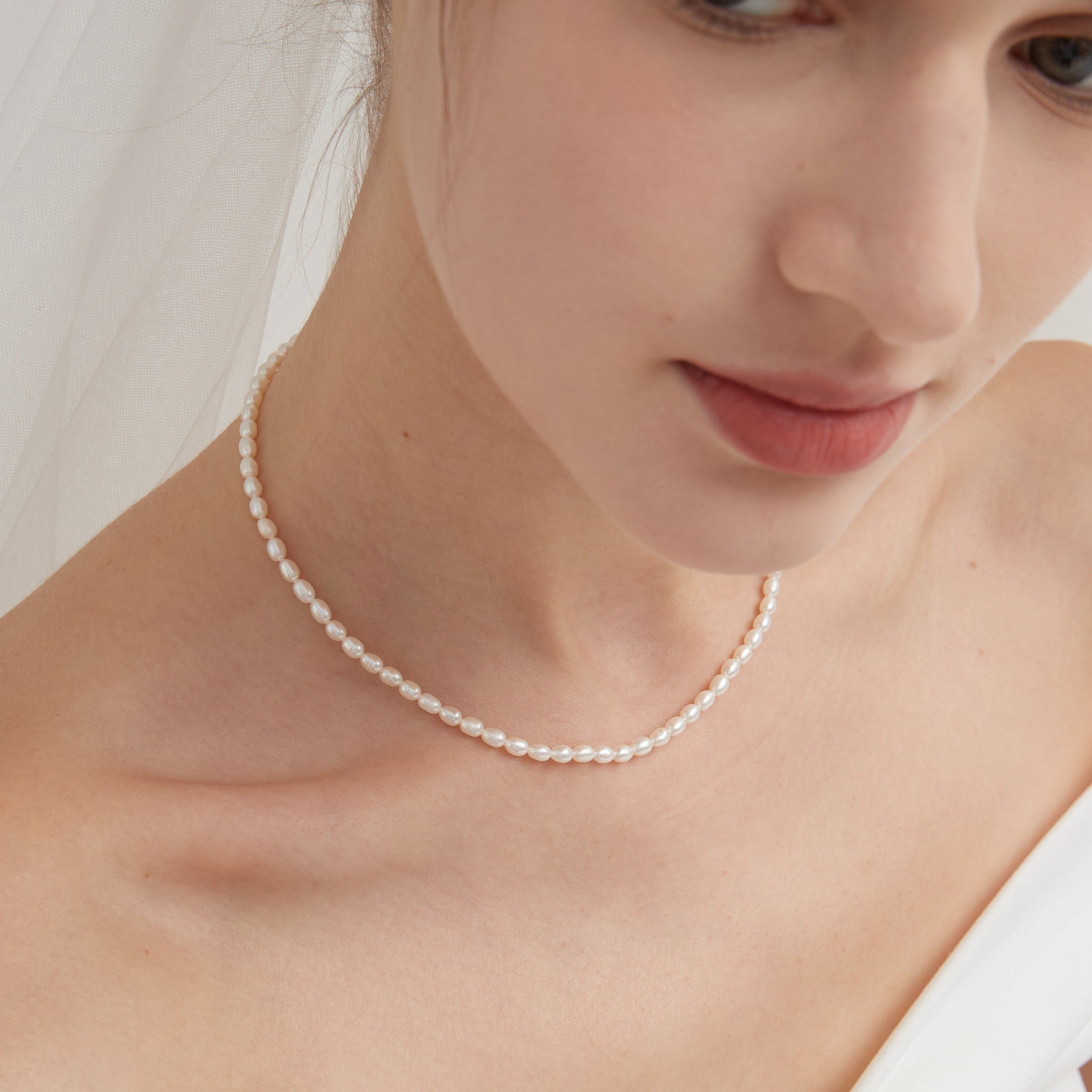 STMG Freshwater Pearl Choker Necklace on neck