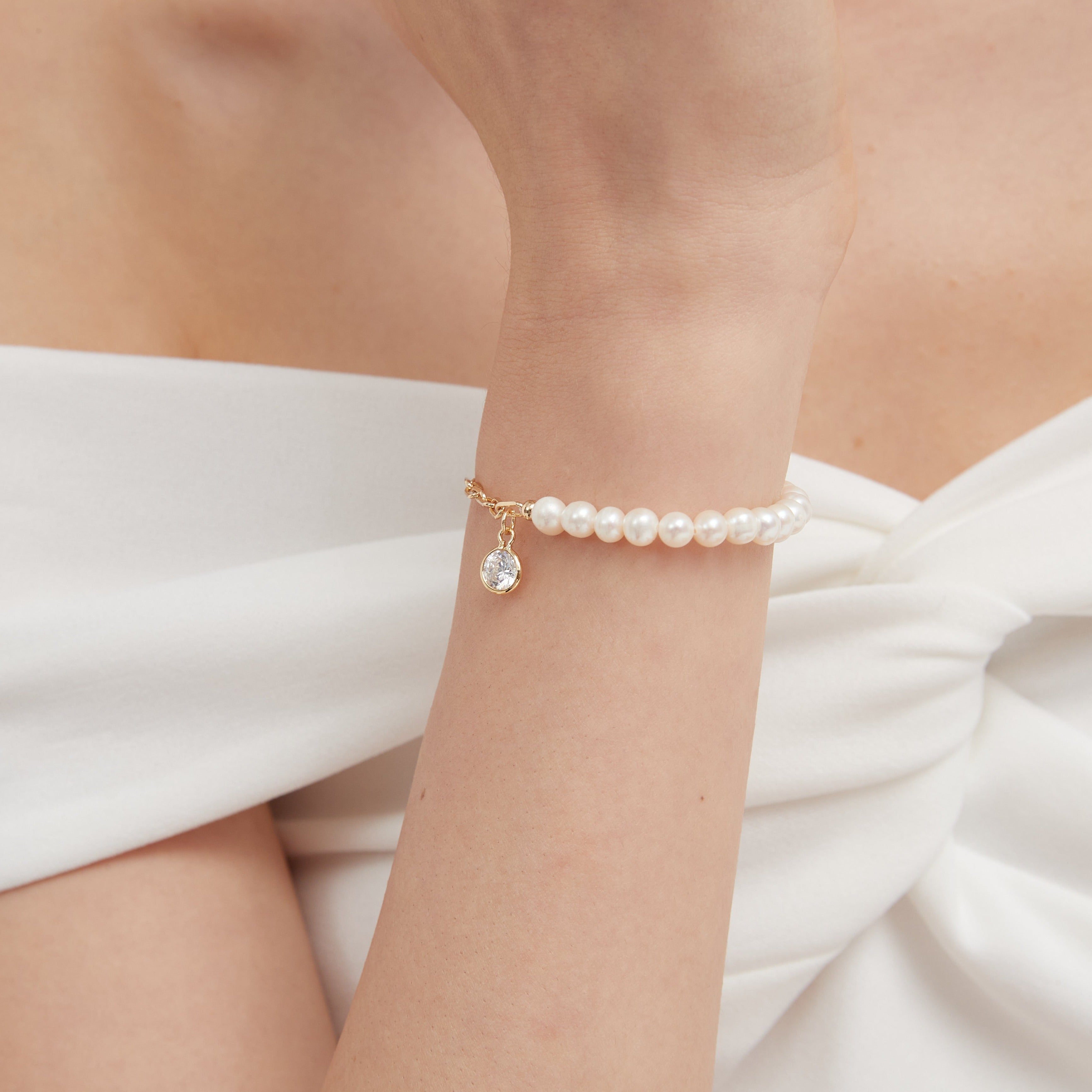 STMG Natural Pearl with CZ Diamond Bracelet on hand