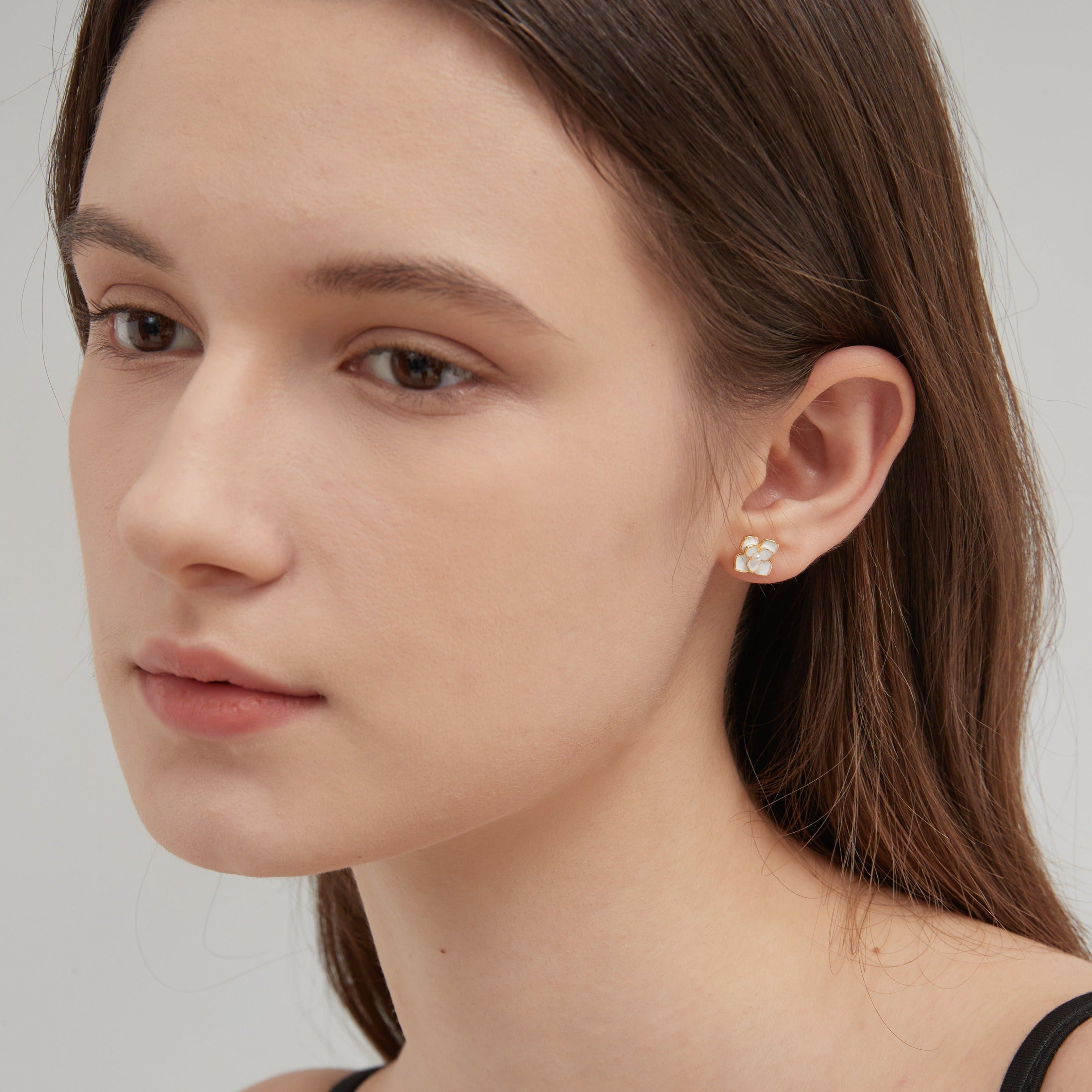 Camellia Flower Earrings on ear