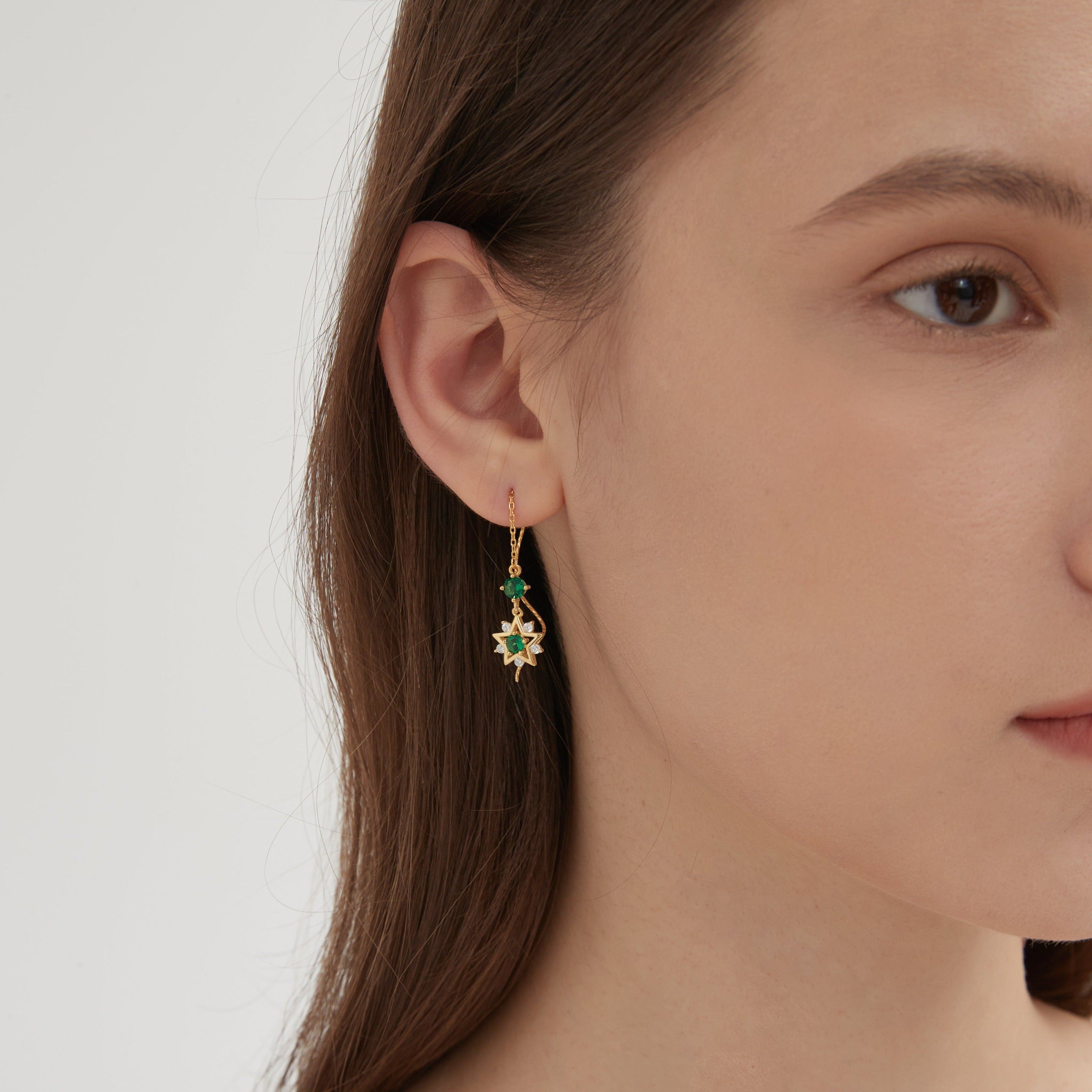 STMG Green Emerald Star Threader Earrings on ear