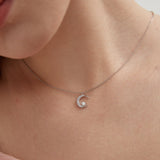 STMG Opal Star on Crescent Moon Necklace in silver on neck