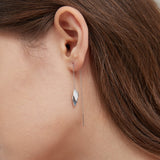 Blue Leaf Threader Earrings in silver on ear