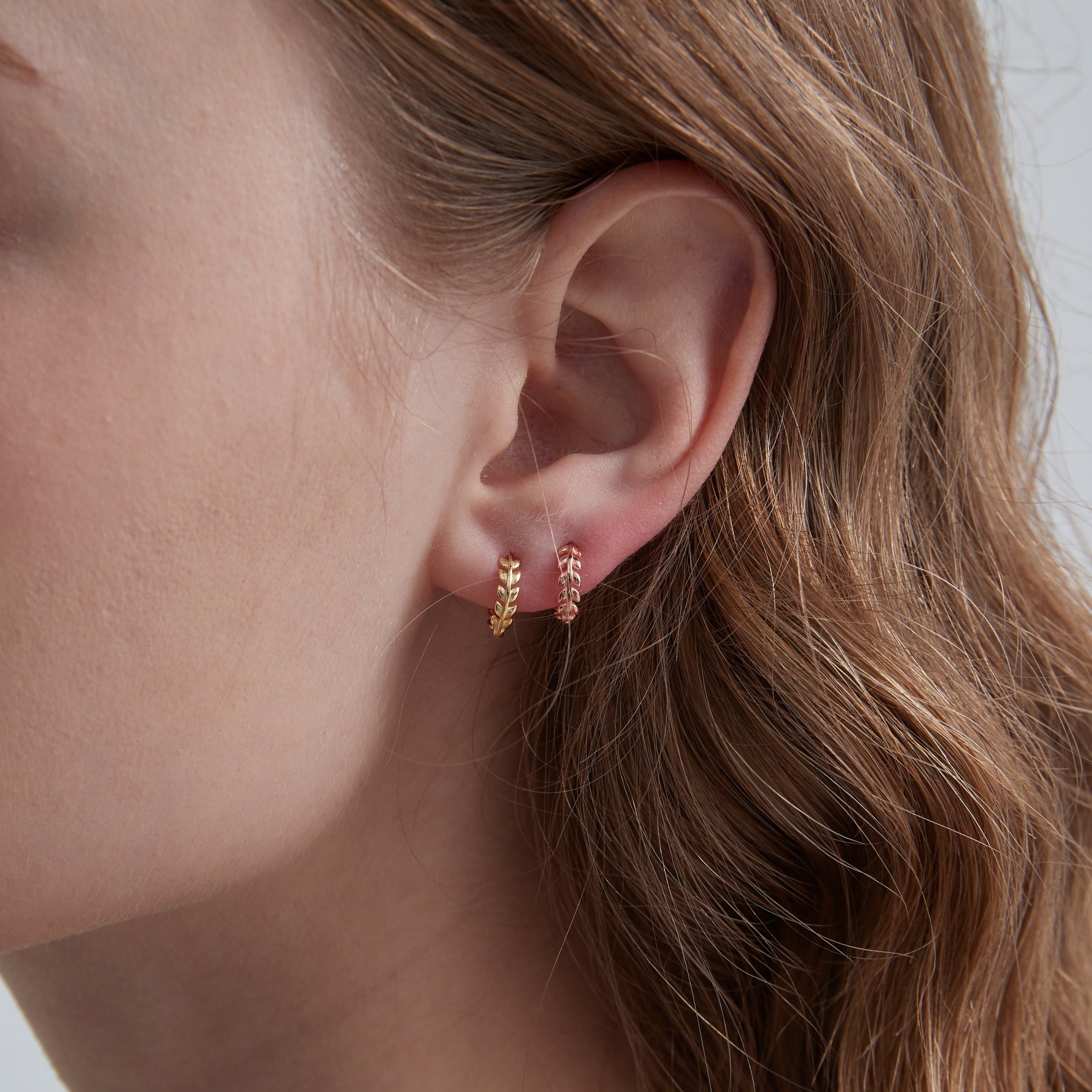 STMG Olive Leaf Hoops in 2 colours on ear