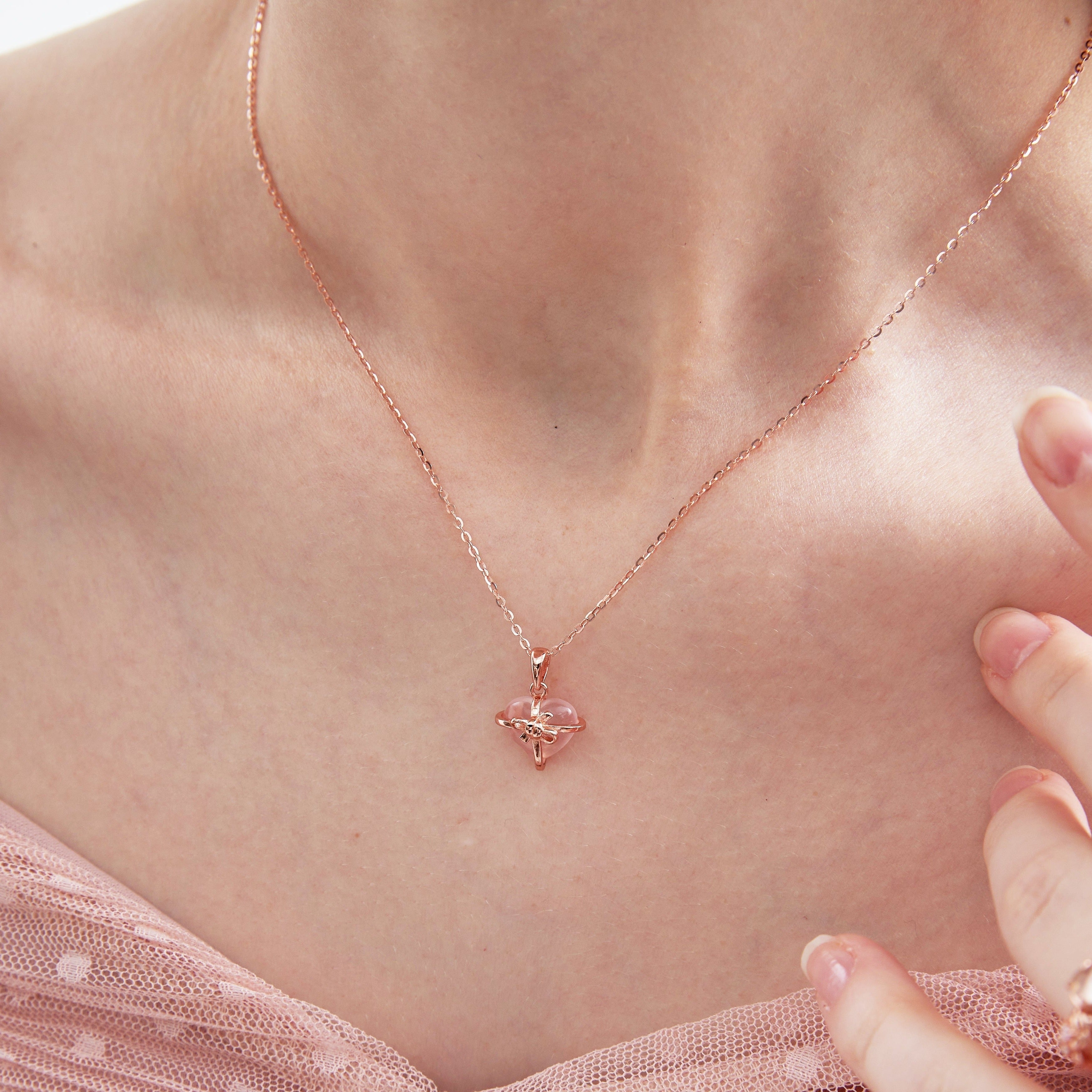 STMG Natural Rose Quartz Necklace on neck