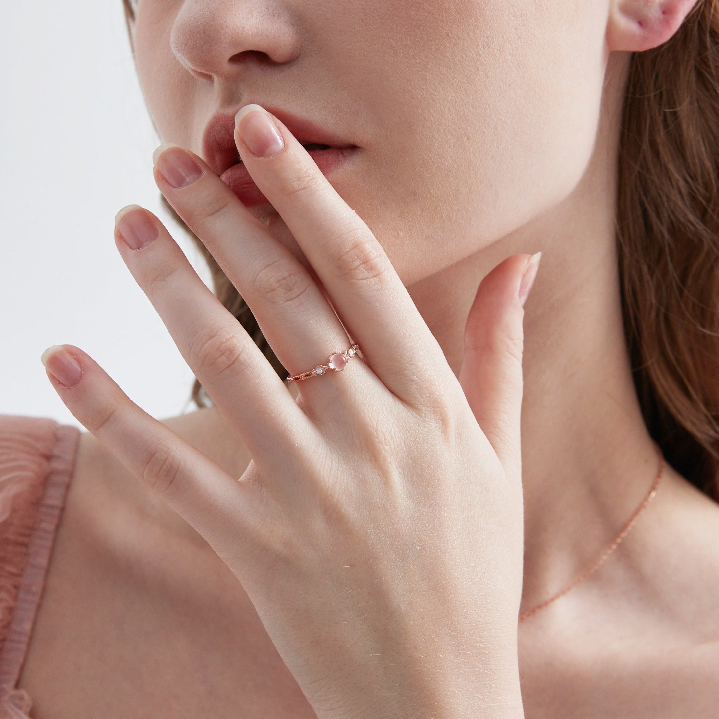 STMG Natural Rose Quartz Ring on finger