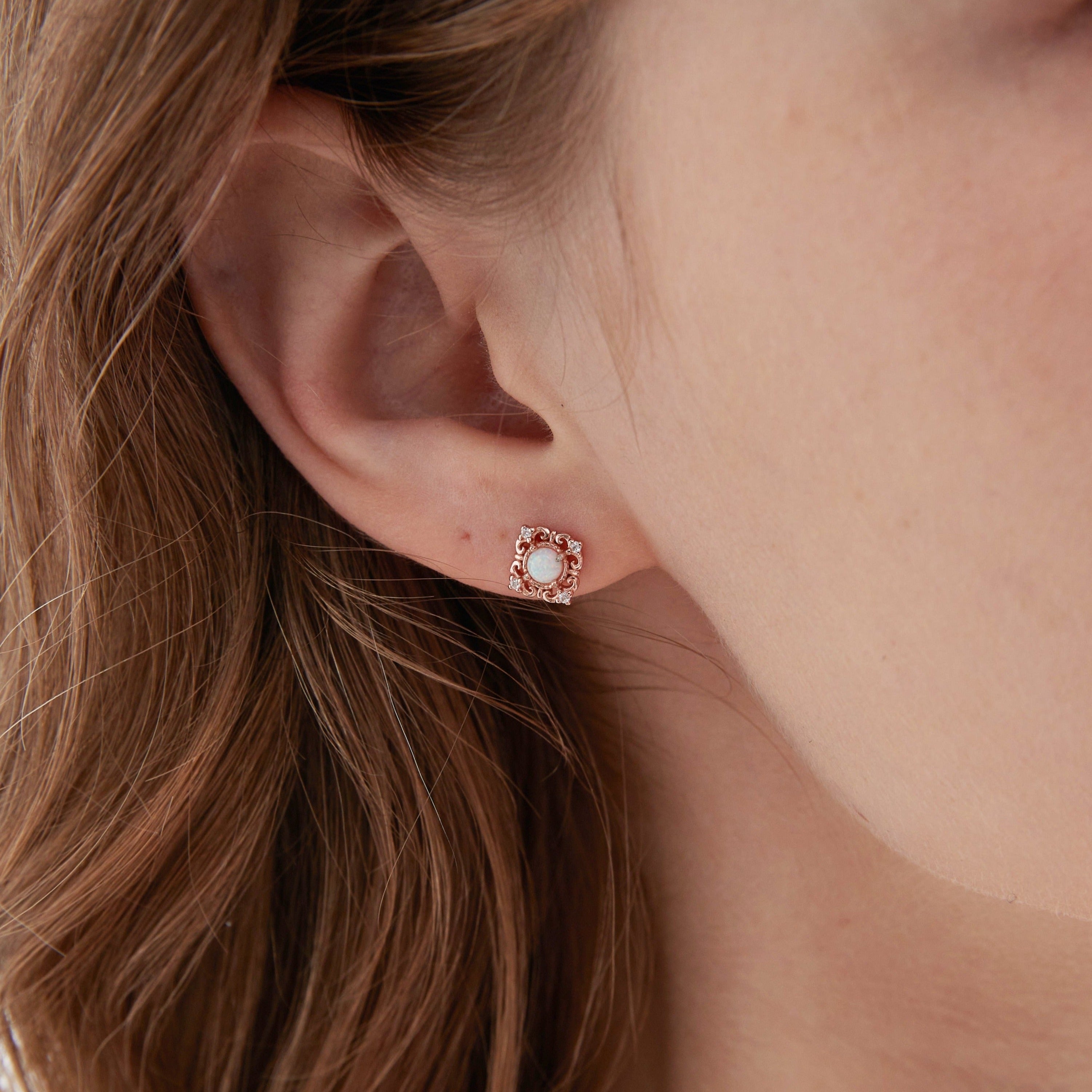 STMG Opal Vintage Style Stud Earrings in rose gold on ear