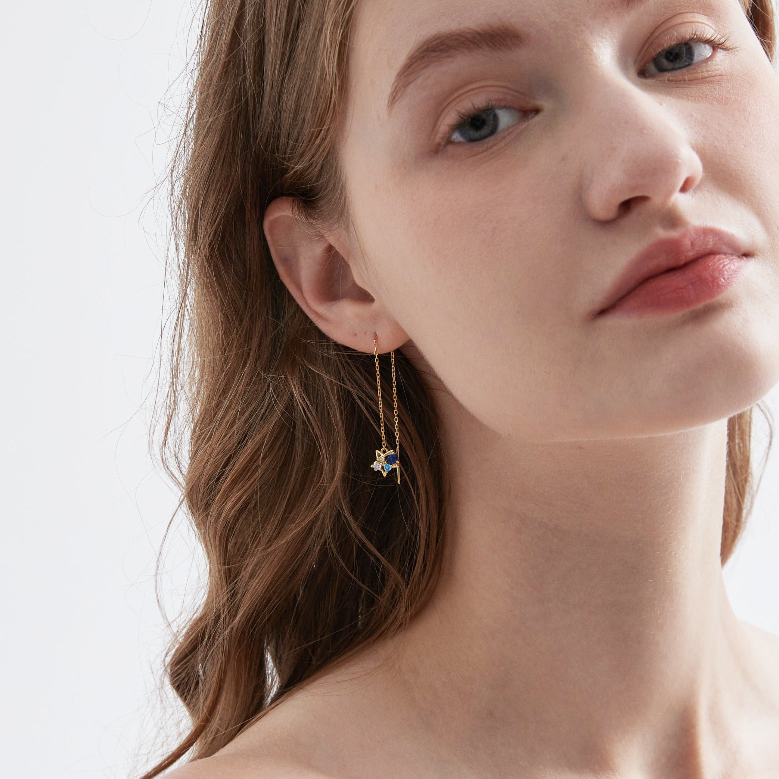 STMG Moon and Star Threader Earrings in gold on ear