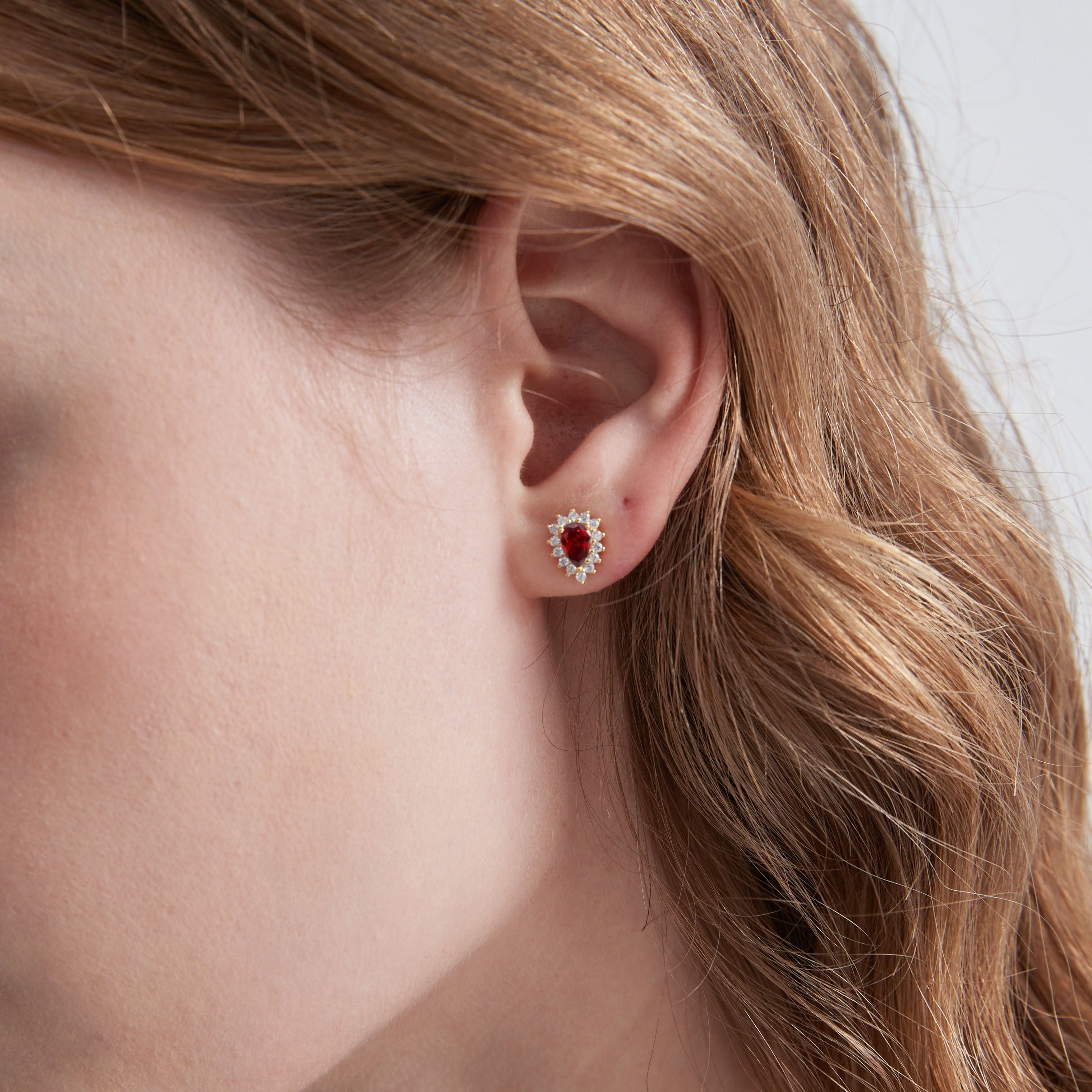 STMG Ruby Droplet Stud Earrings on ear