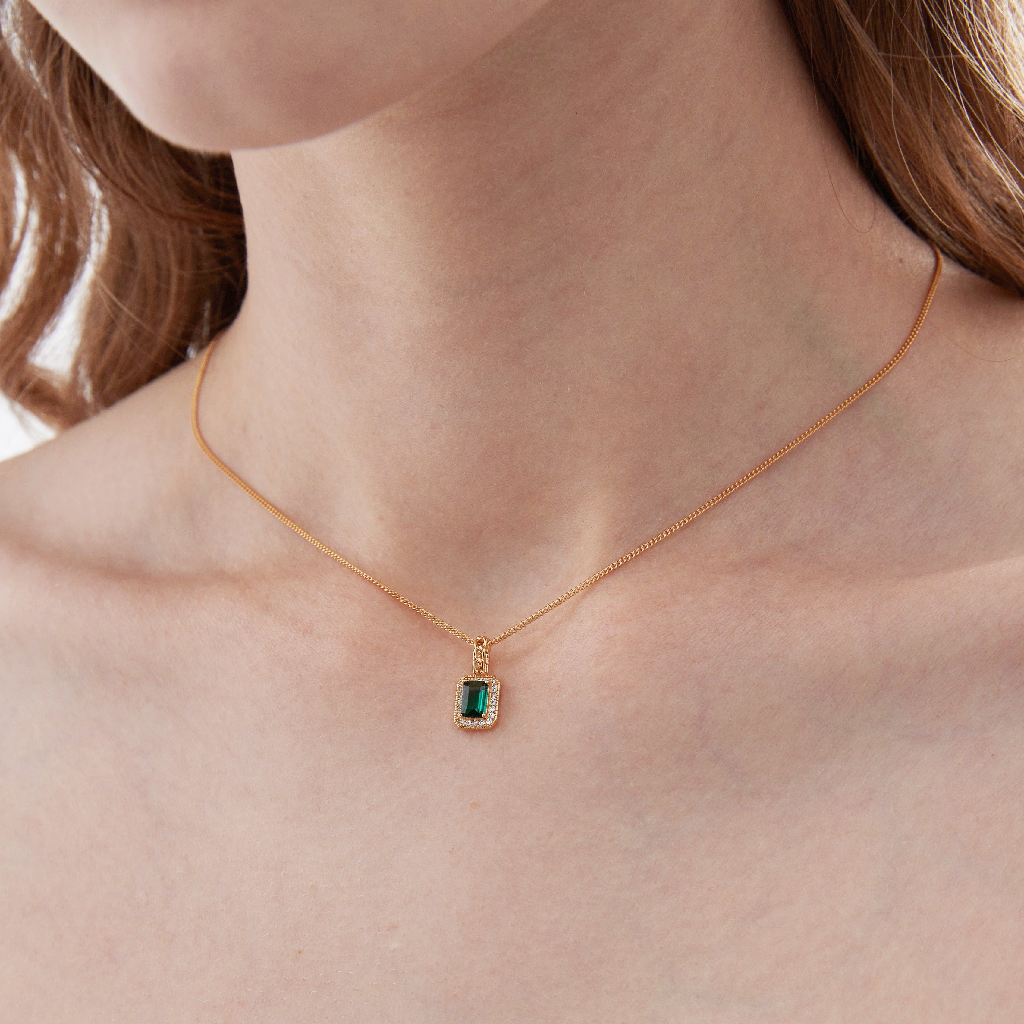 STMG Green Emerald Rectangle Necklace on neck