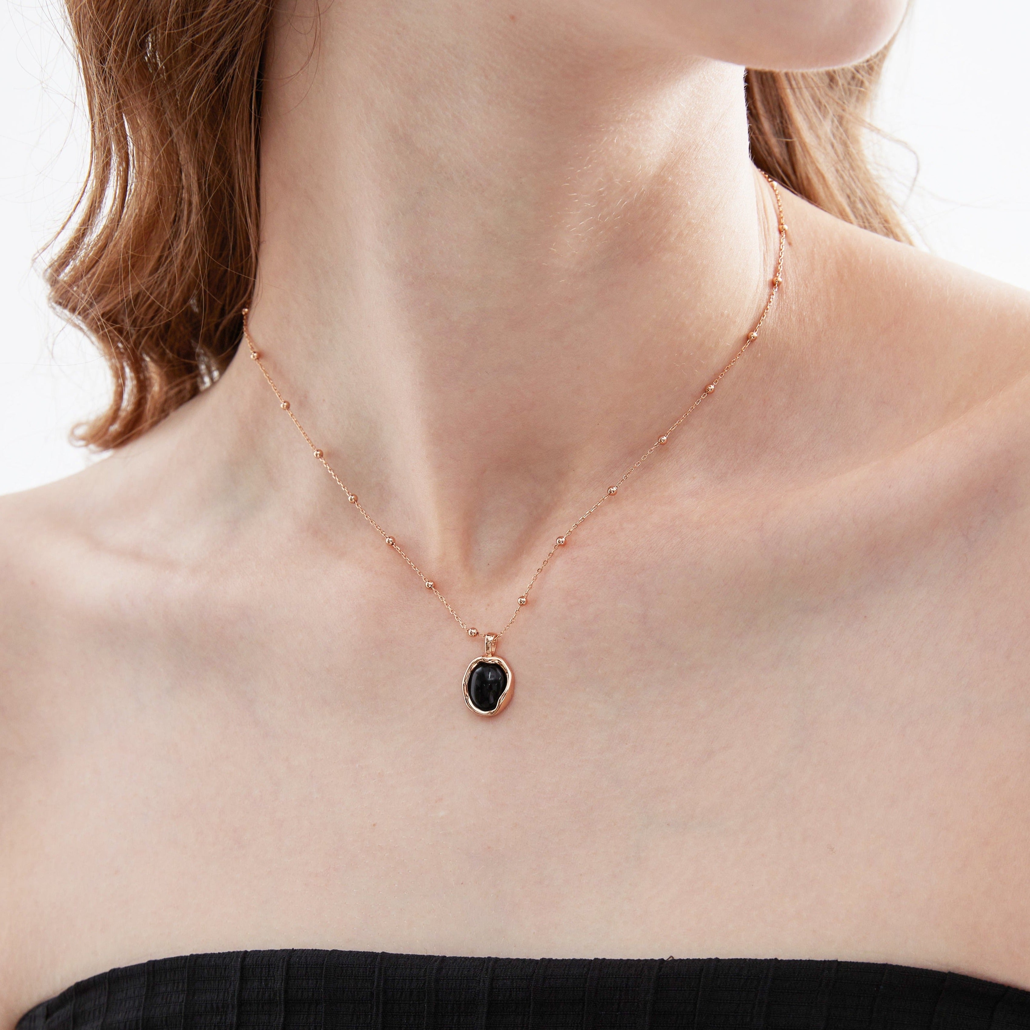 STMG Natural Black Agate Onyx Necklace on neck