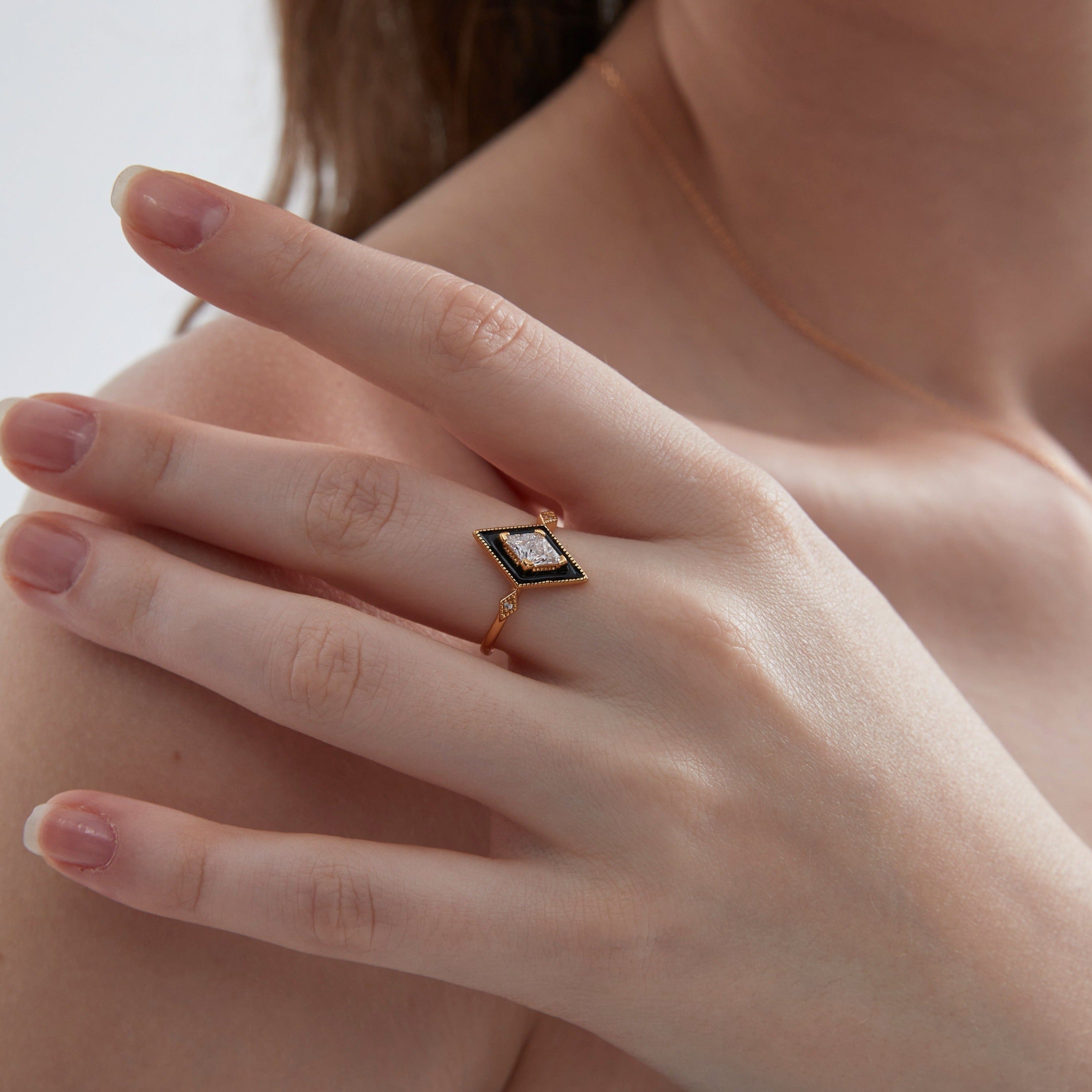 Black Rhombus Adjustable Ring on hand