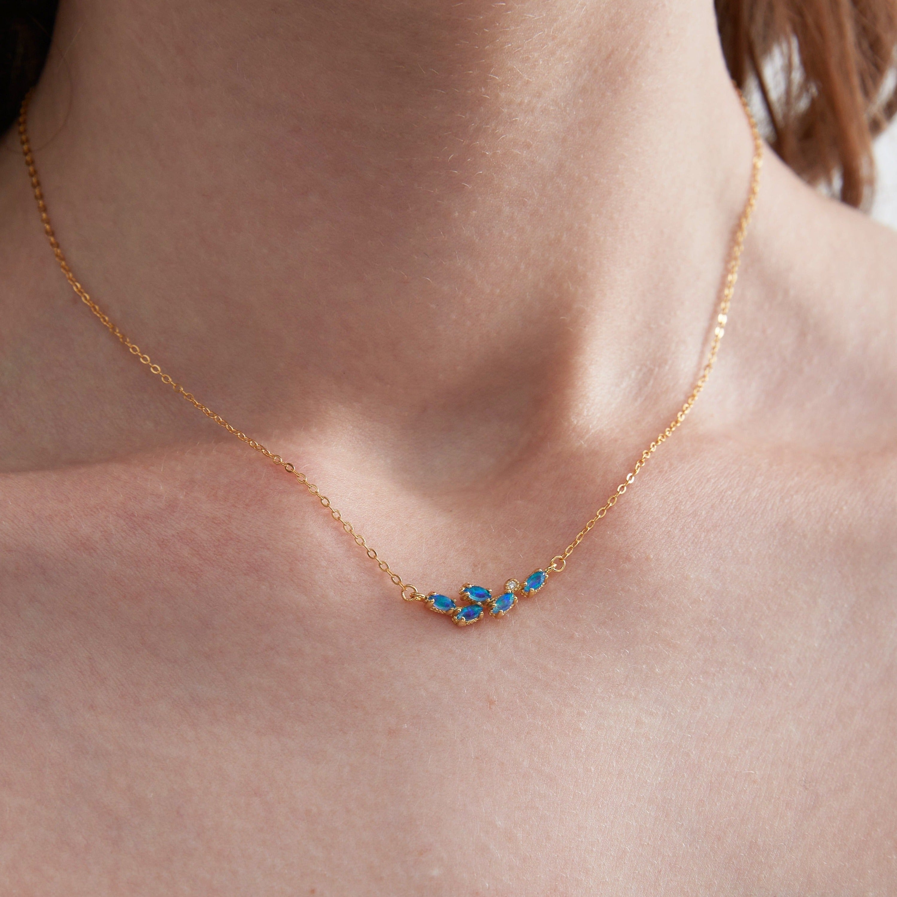 Blue Opal Olive Leaf Necklace on neck