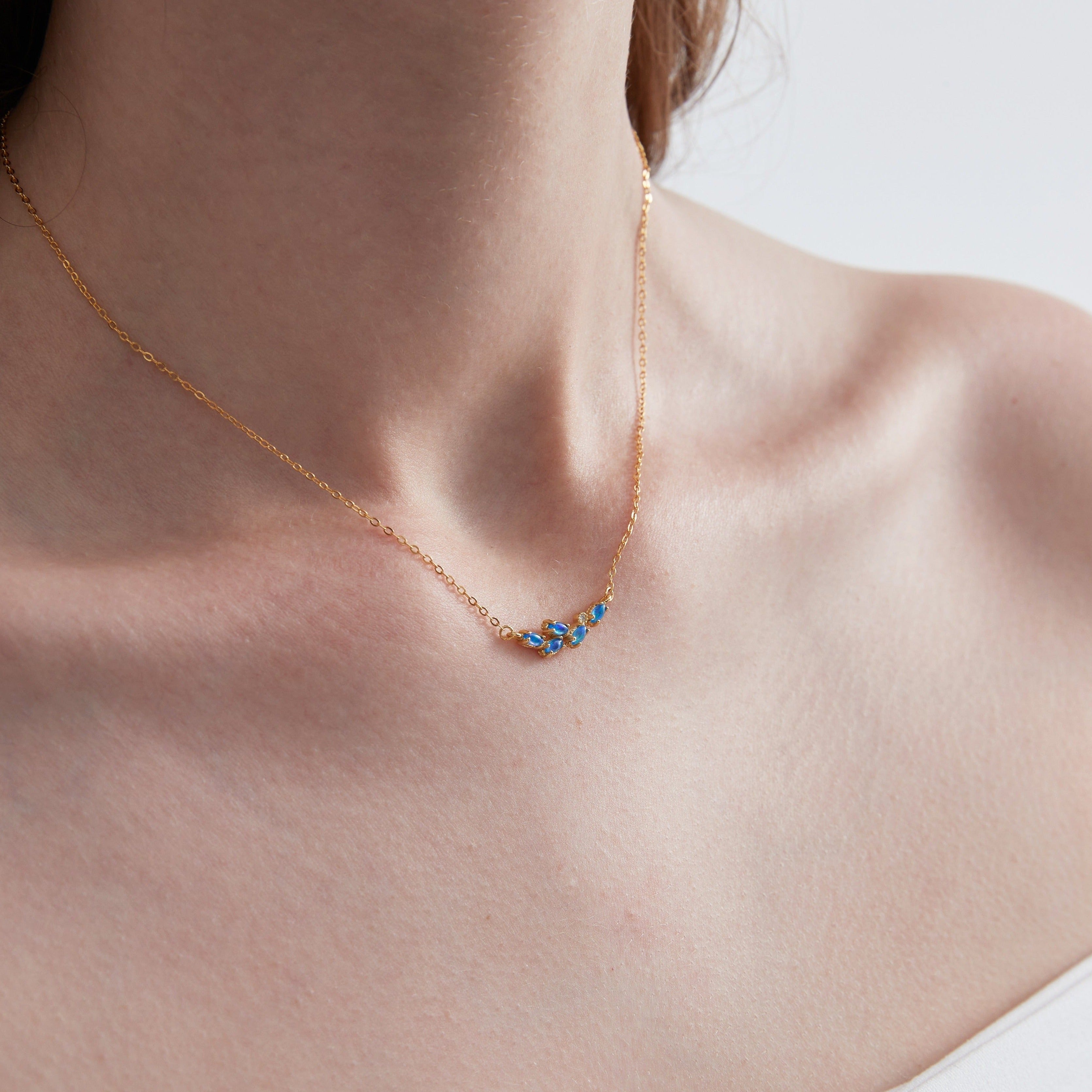 Blue Opal Olive Leaf Necklace on neck