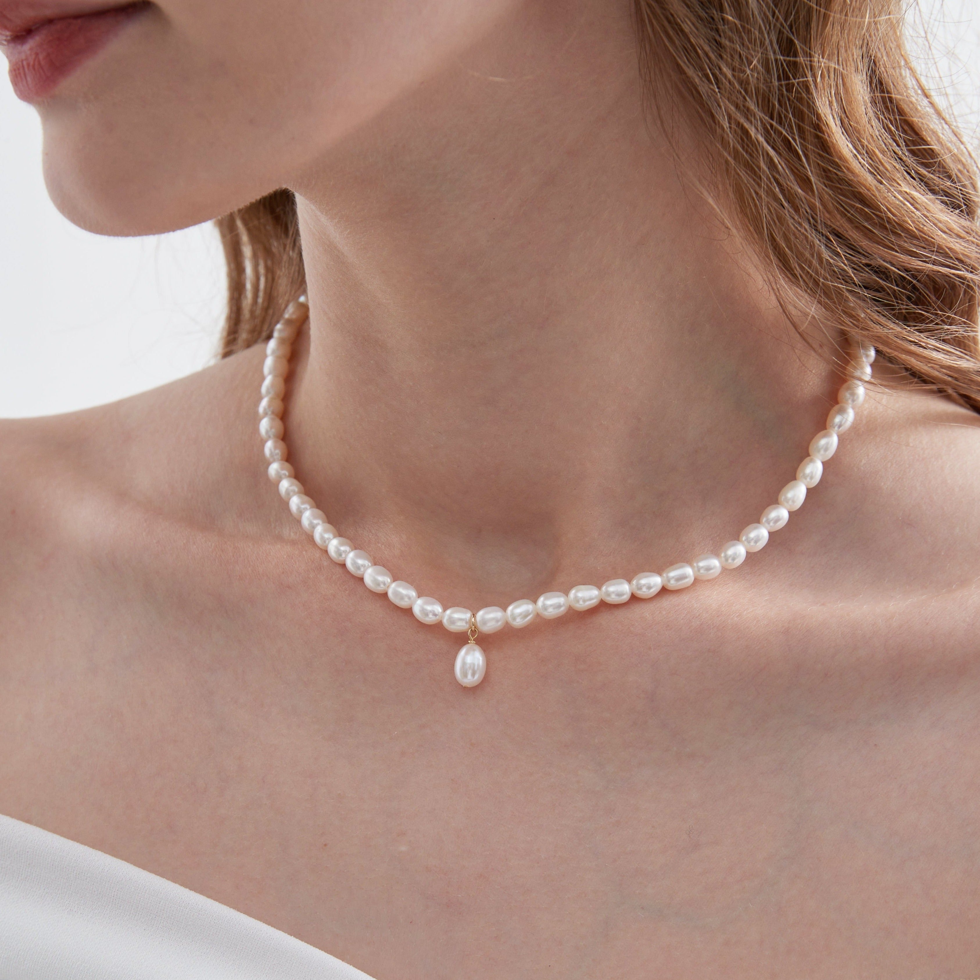 STMG Natural Pearl Choker Necklace on neck