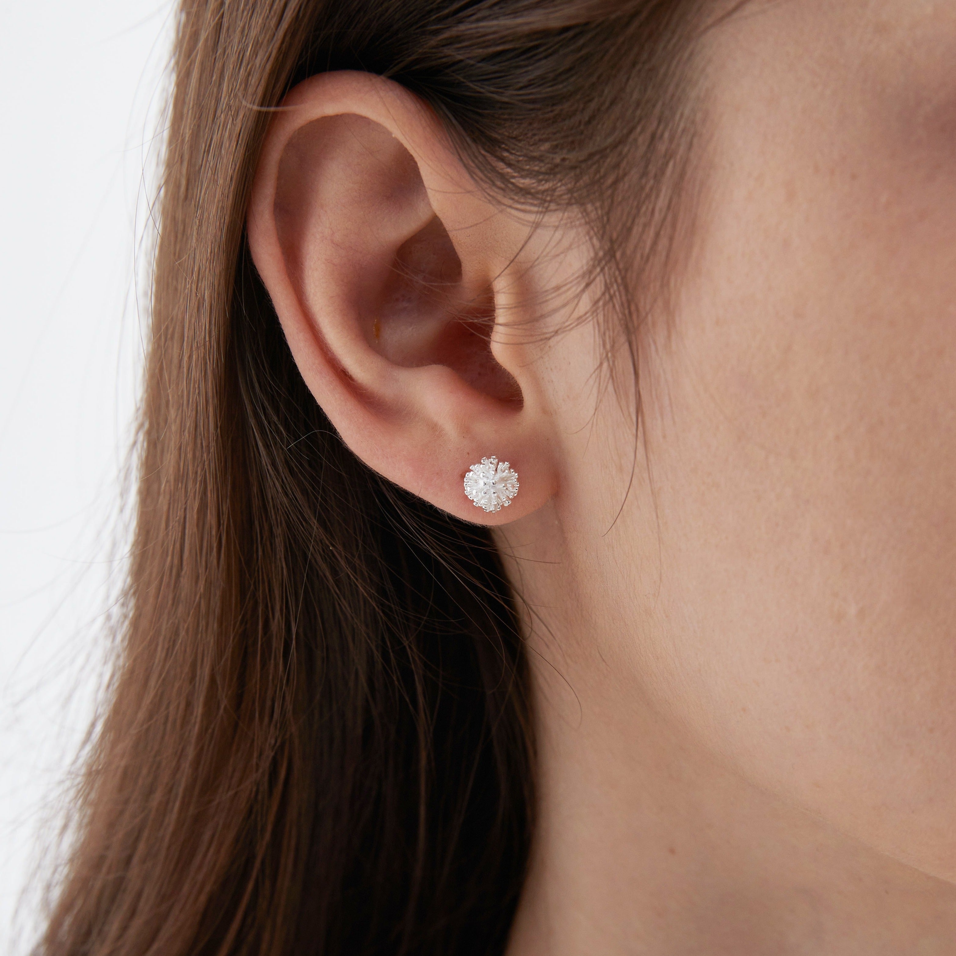 Dandelion Stud Earrings on ear