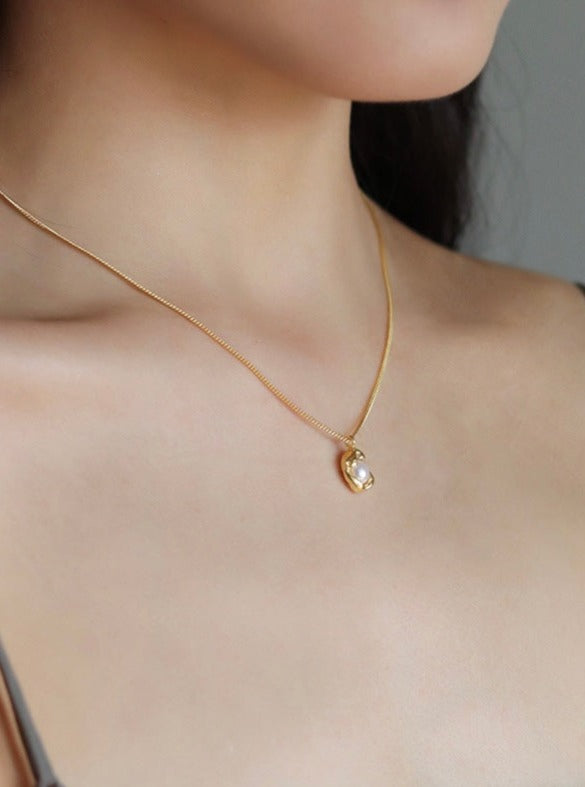 STMG Natural Pearl Necklace in gold on neck