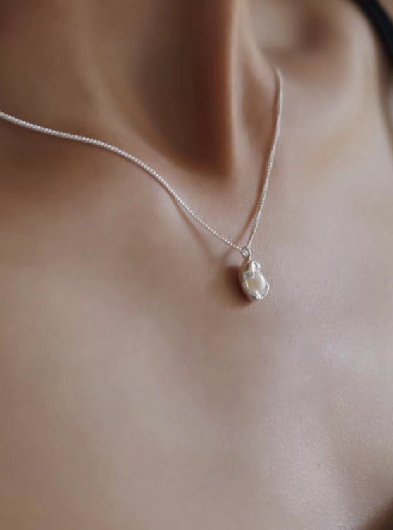 STMG Natural Pearl Necklace in silver on neck