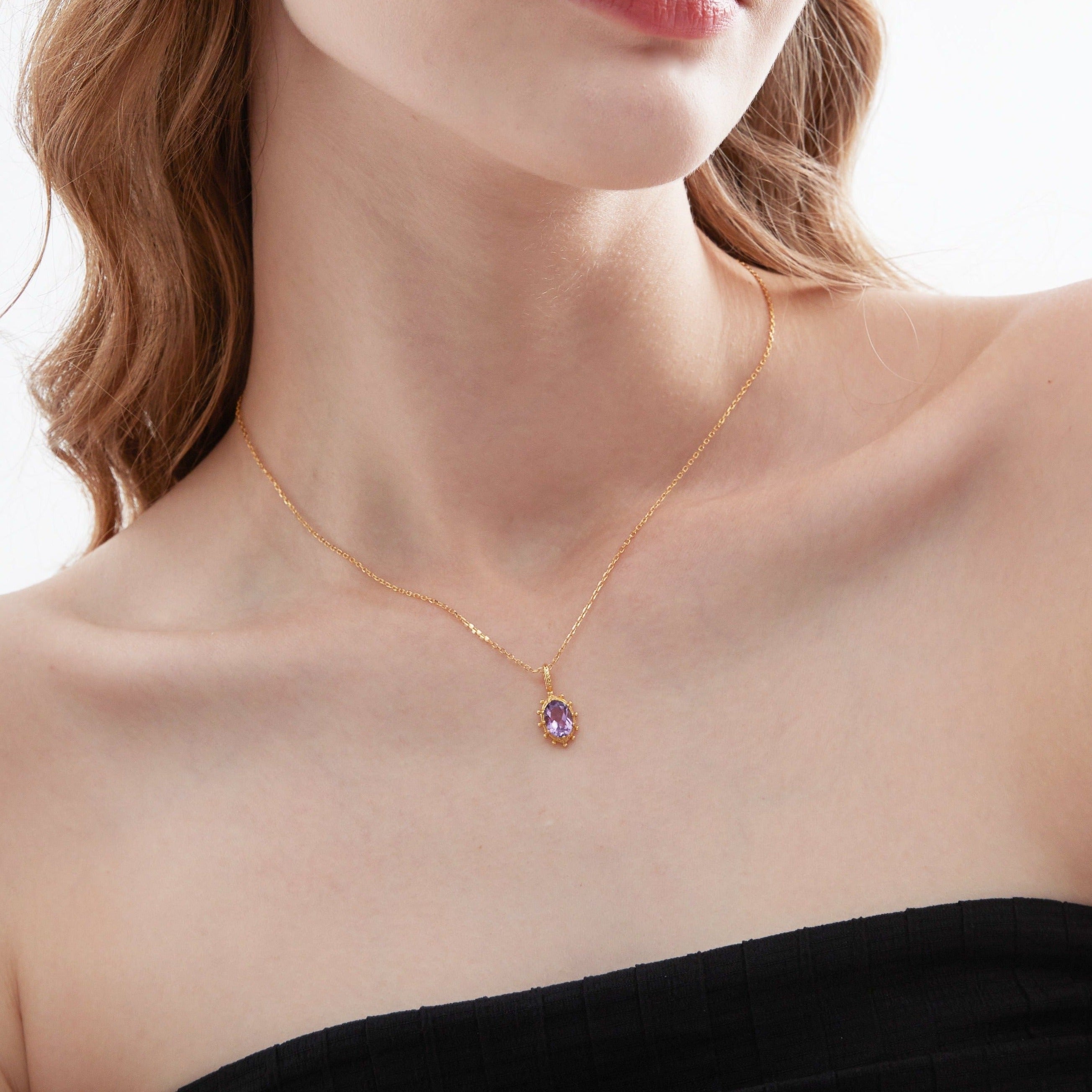 STMG Natural Amethyst Droplet Necklace on neck