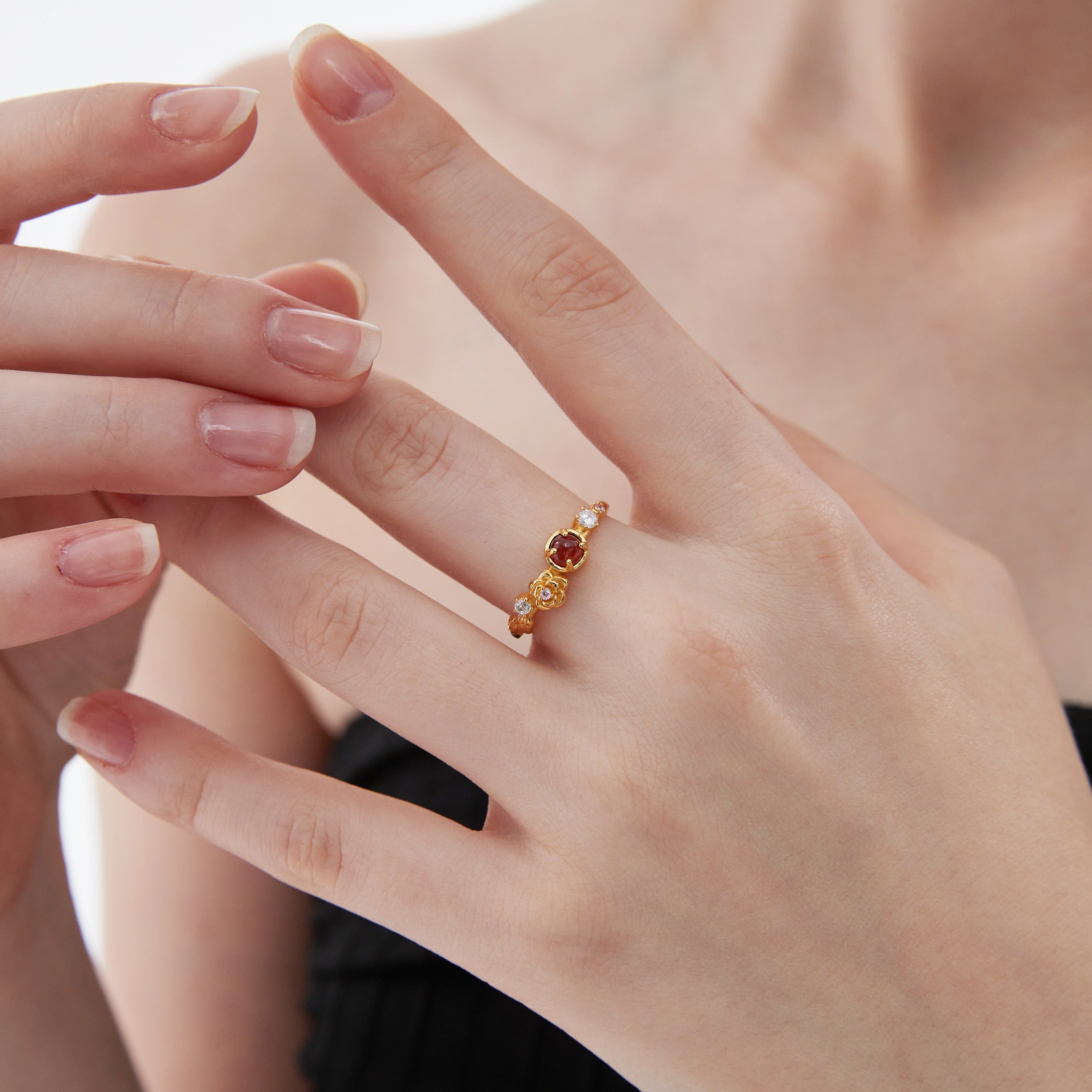 STMG Natural Garnet Rose Adjustable Ring on finger